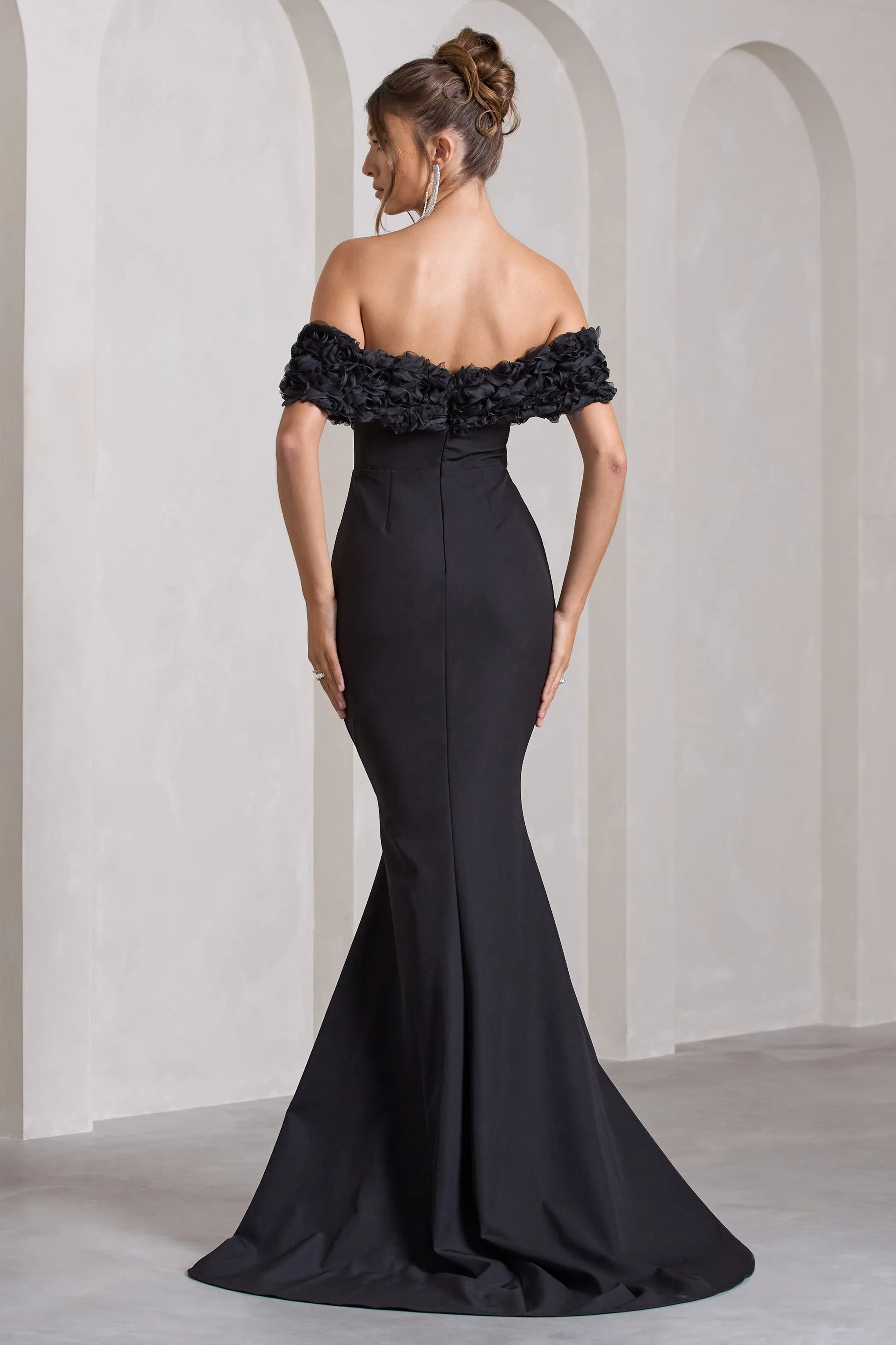 Amanza | Black Bardot Split Fishtail Maxi Dress With Flowers sold by Club L London product image thumbnail 2