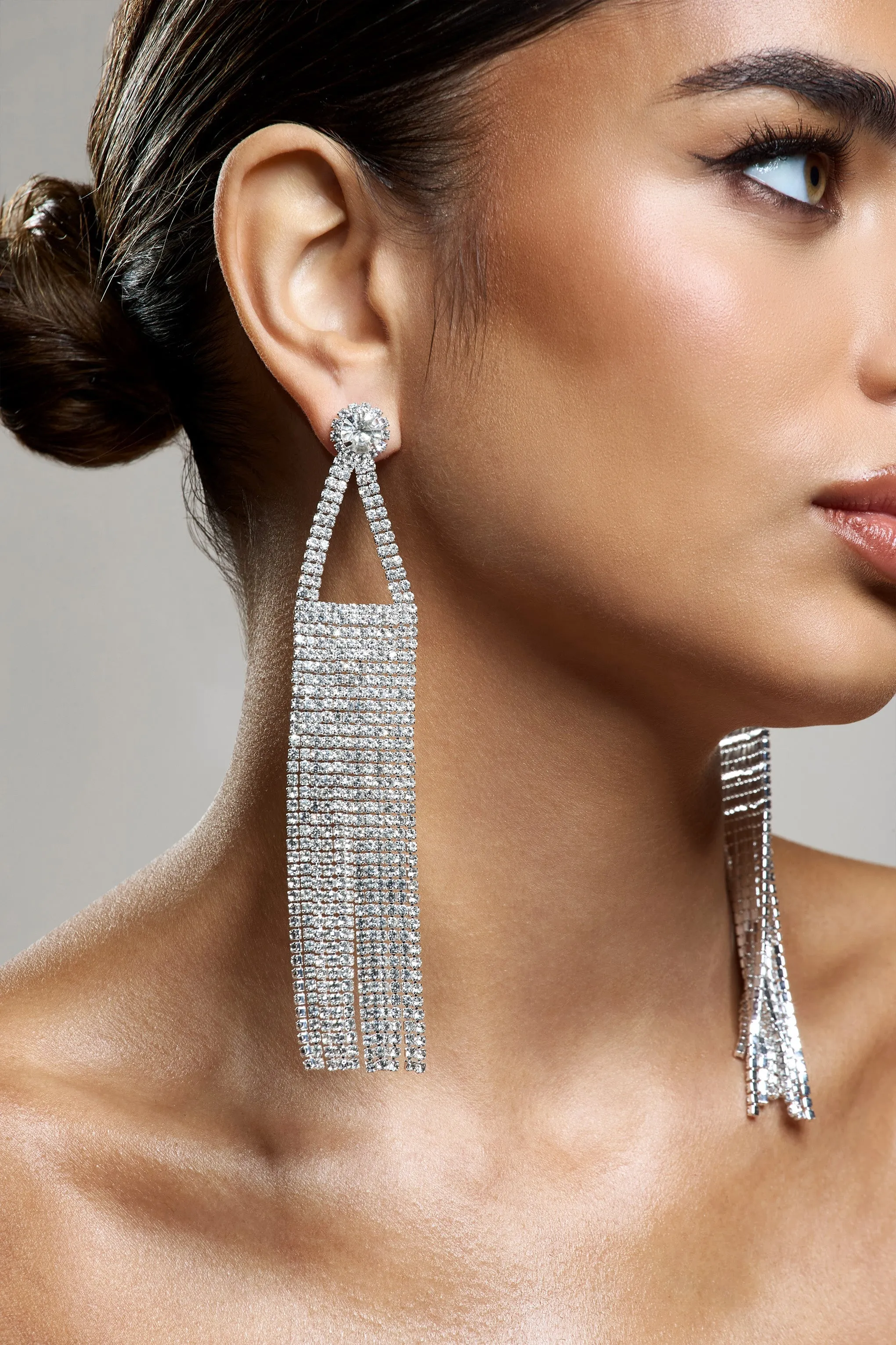 Balance | Silver Diamante Statement Tassel Earrings sold by Club L London product image thumbnail 3