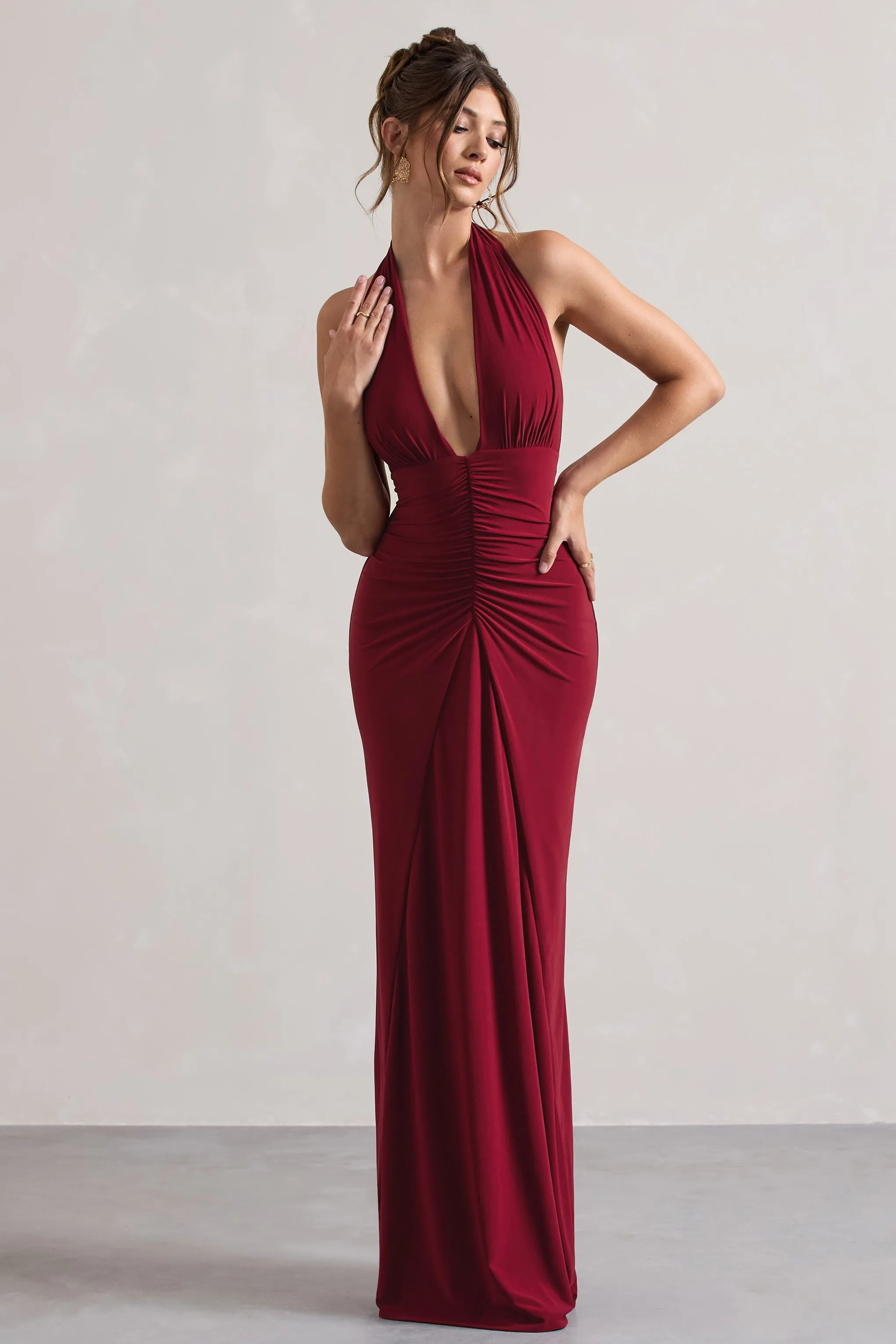 Payton | Berry Ruched Halter-Neck Maxi Dress sold by Club L London product image thumbnail 4