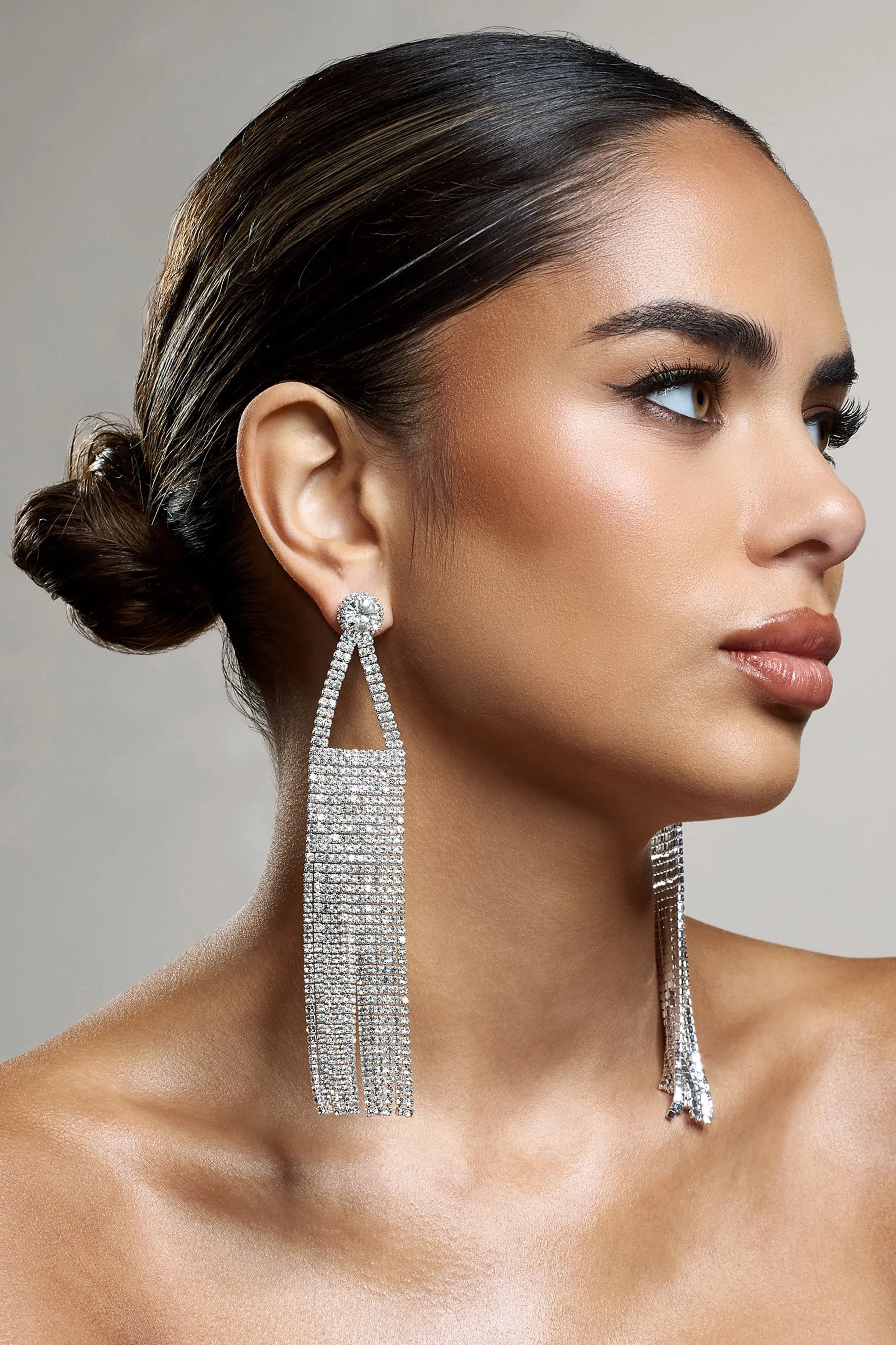Balance | Silver Diamante Statement Tassel Earrings sold by Club L London