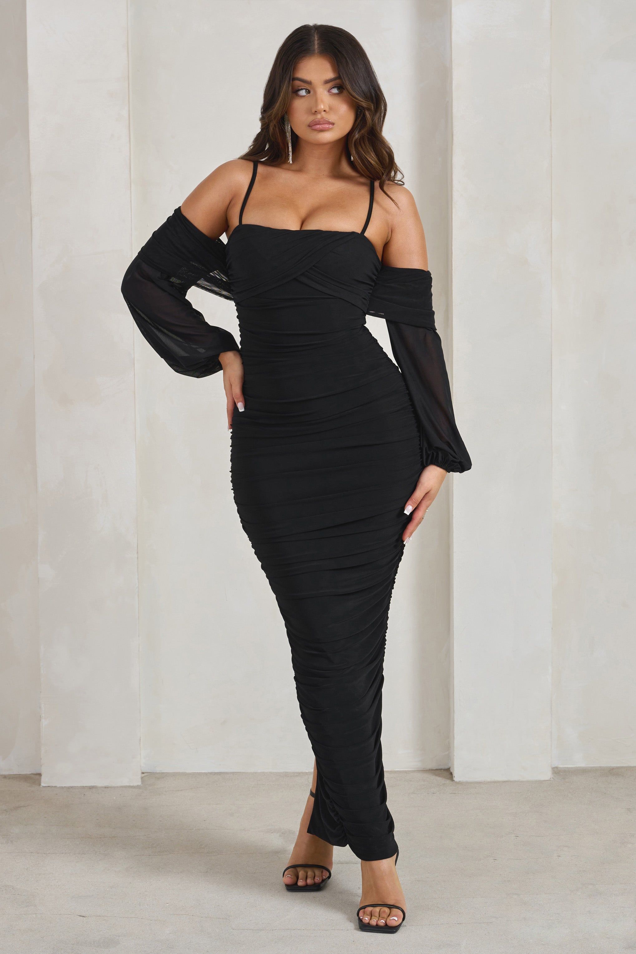 Announcement | Black Bardot Mesh Ruched Maxi Dress sold by Club L London