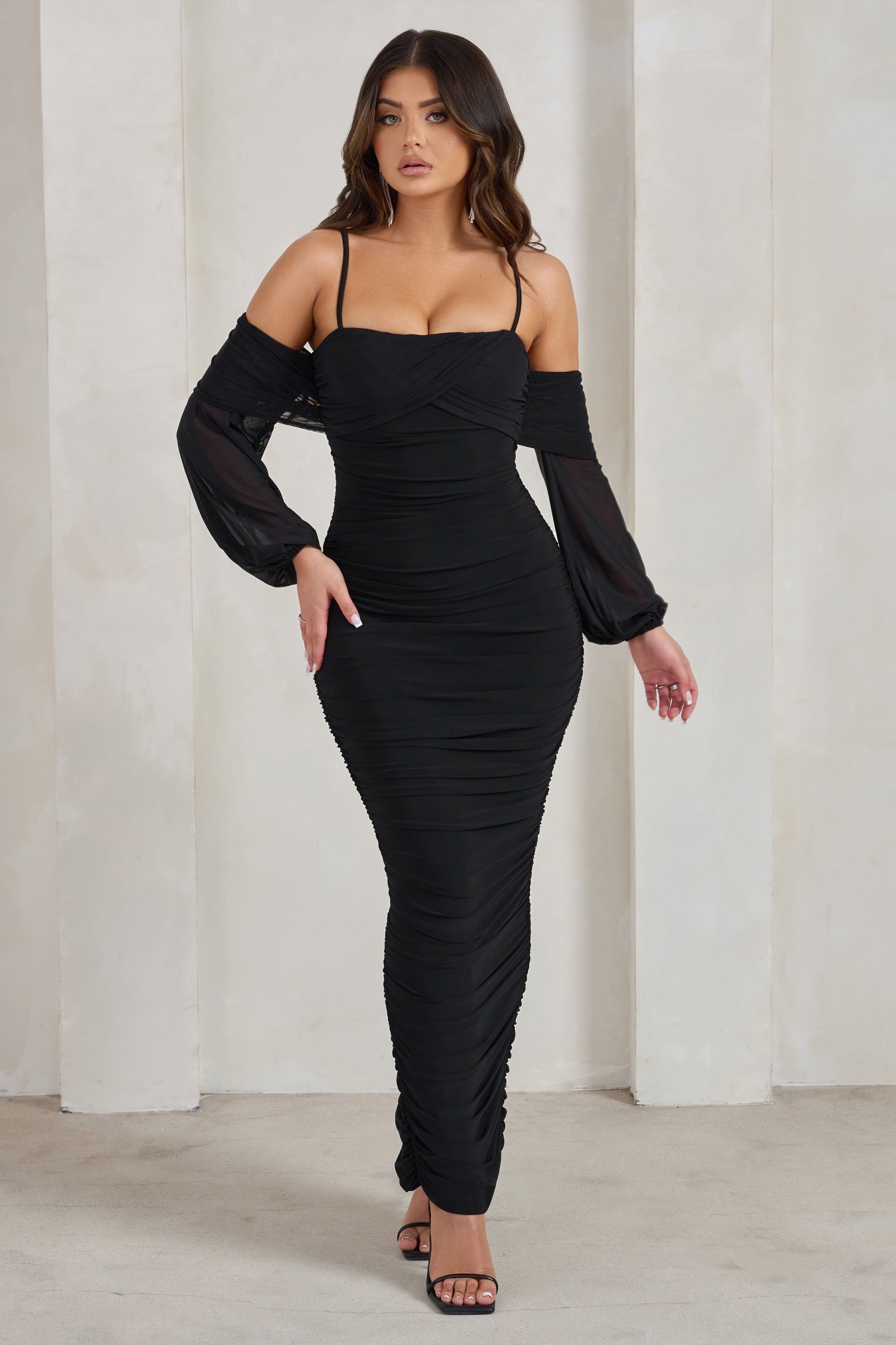 Announcement | Black Bardot Mesh Ruched Maxi Dress sold by Club L London product image thumbnail 4