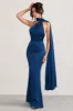 Mademoiselle | Navy Asymmetric Scarf Neck Backless Maxi Dress sold by Club L London