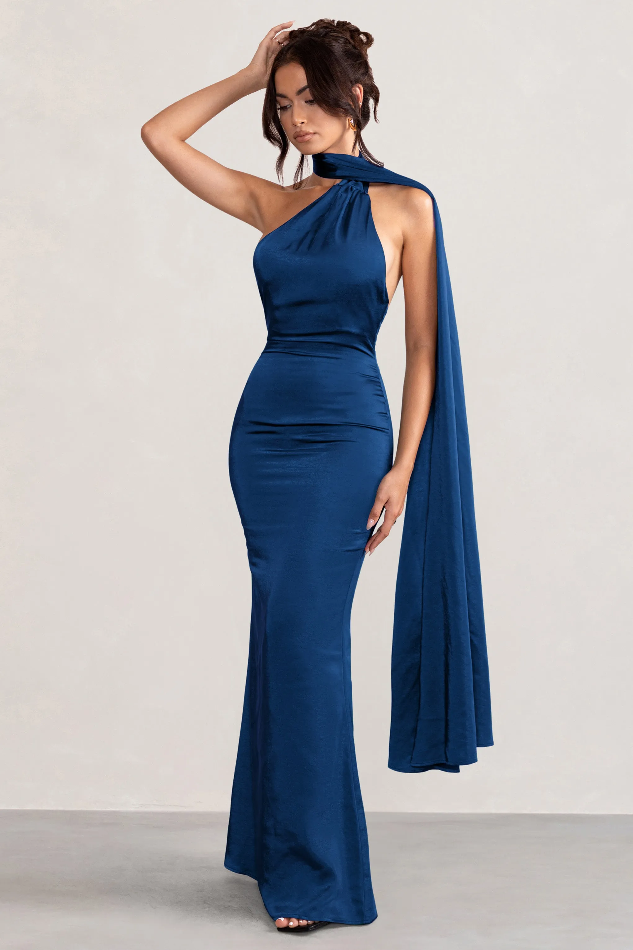 Mademoiselle | Navy Asymmetric Scarf Neck Backless Maxi Dress sold by Club L London product image thumbnail 4