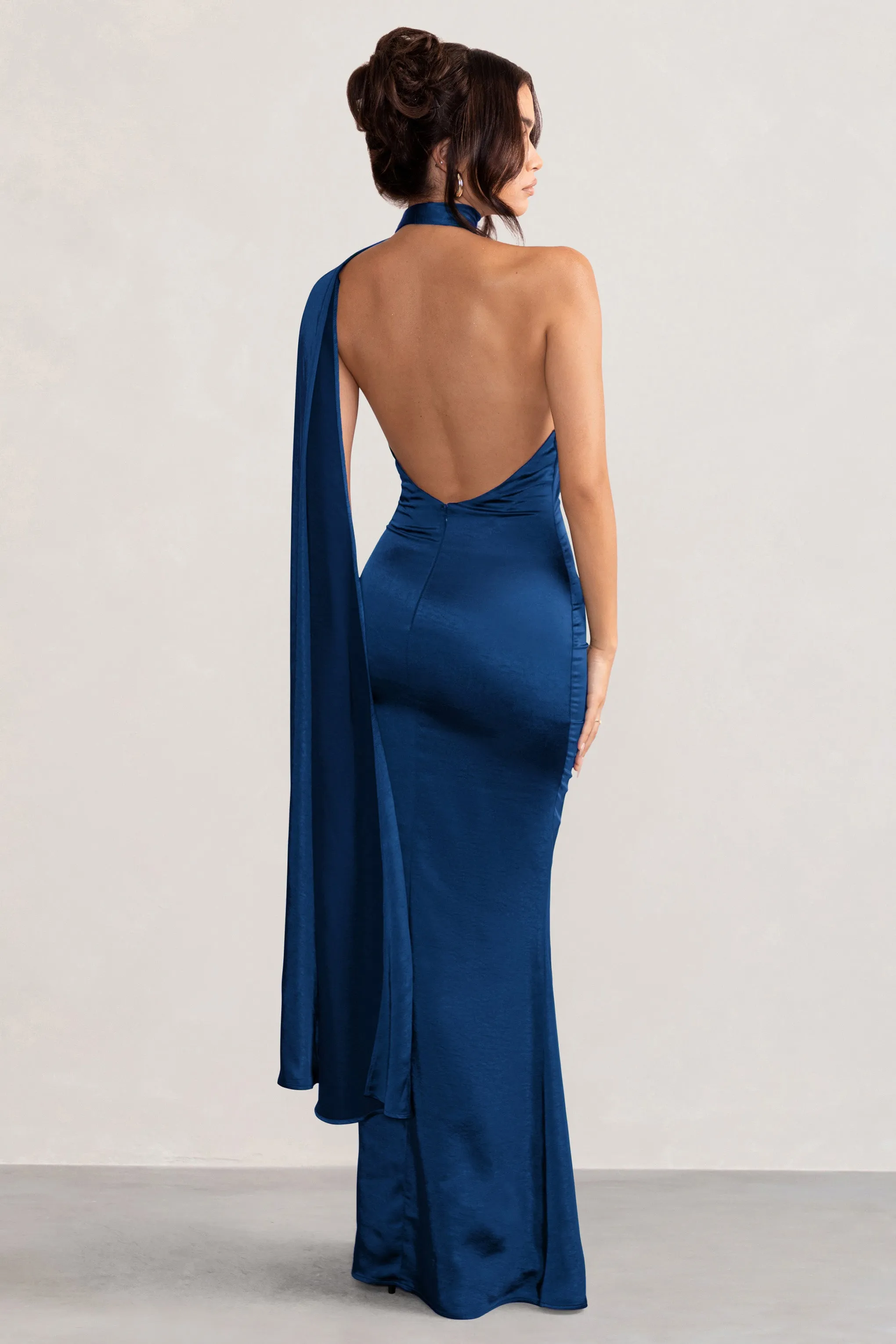 Mademoiselle | Navy Asymmetric Scarf Neck Backless Maxi Dress sold by Club L London product image thumbnail 3