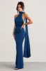 Mademoiselle | Navy Asymmetric Scarf Neck Backless Maxi Dress sold by Club L London