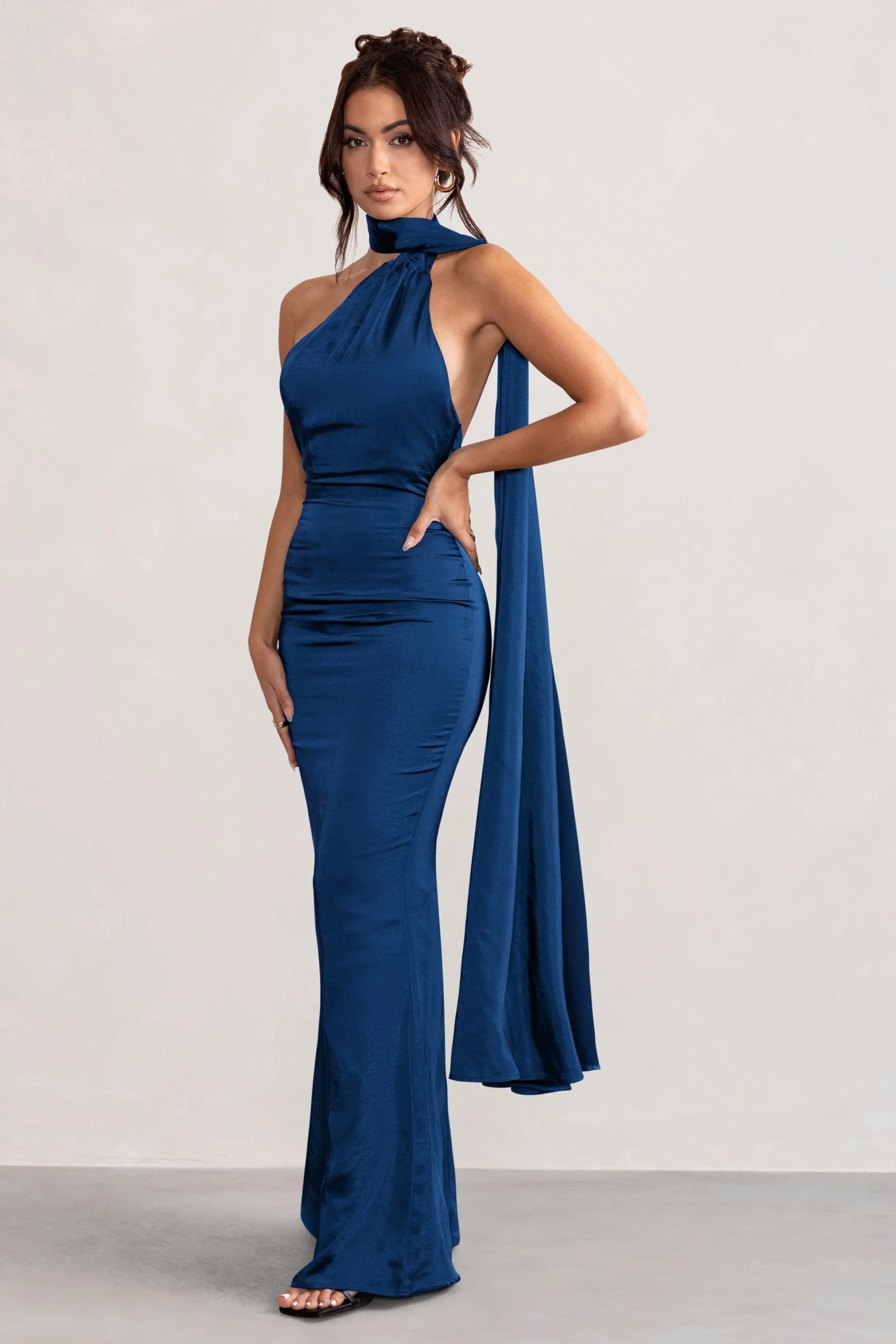 Mademoiselle | Navy Asymmetric Scarf Neck Backless Maxi