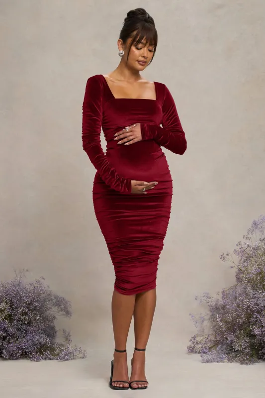 New Life | Berry Velvet Maternity Square Neck Ruched Midi Dress sold by Club L London