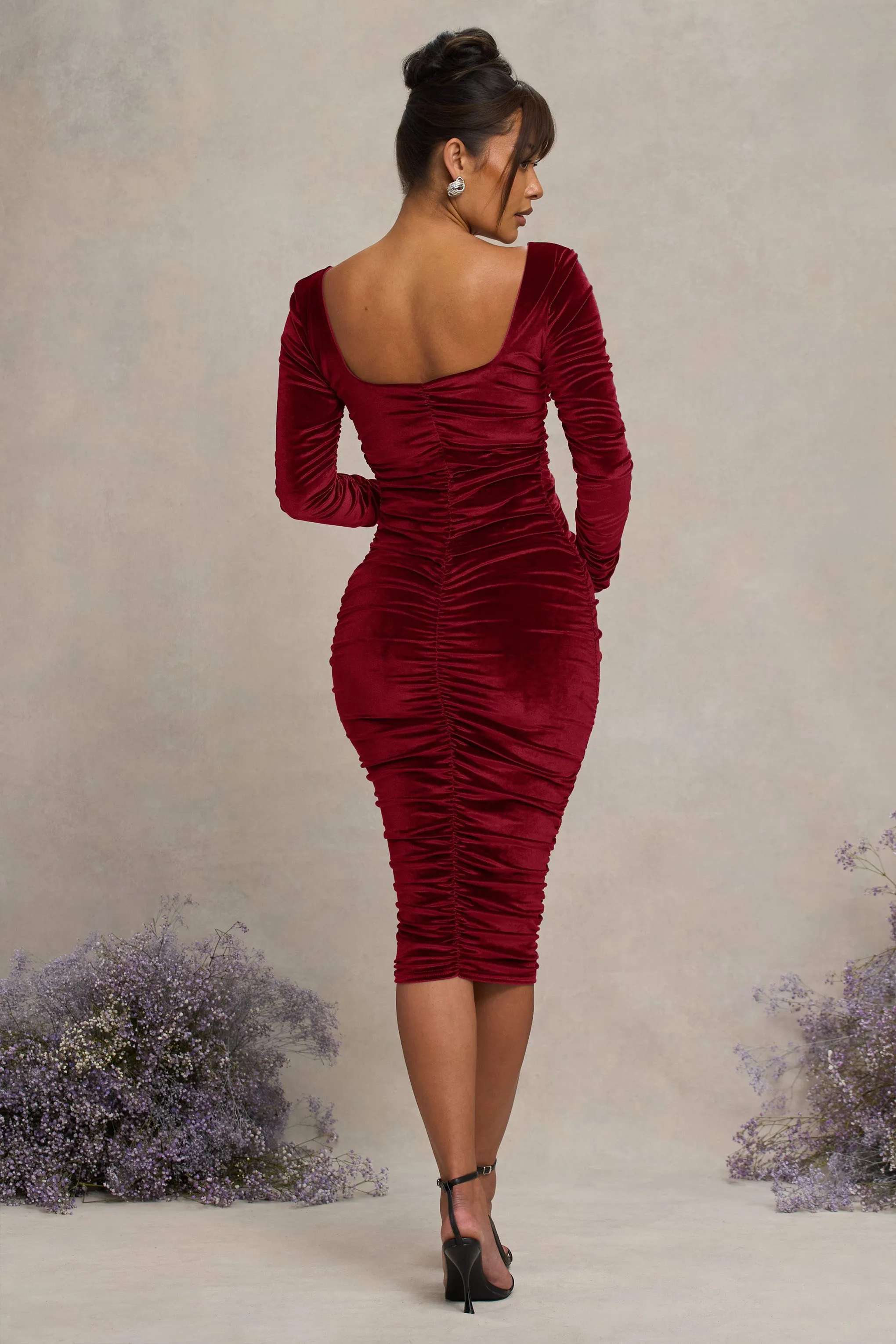 New Life | Berry Velvet Maternity Square Neck Ruched Midi Dress sold by Club L London product image thumbnail 2