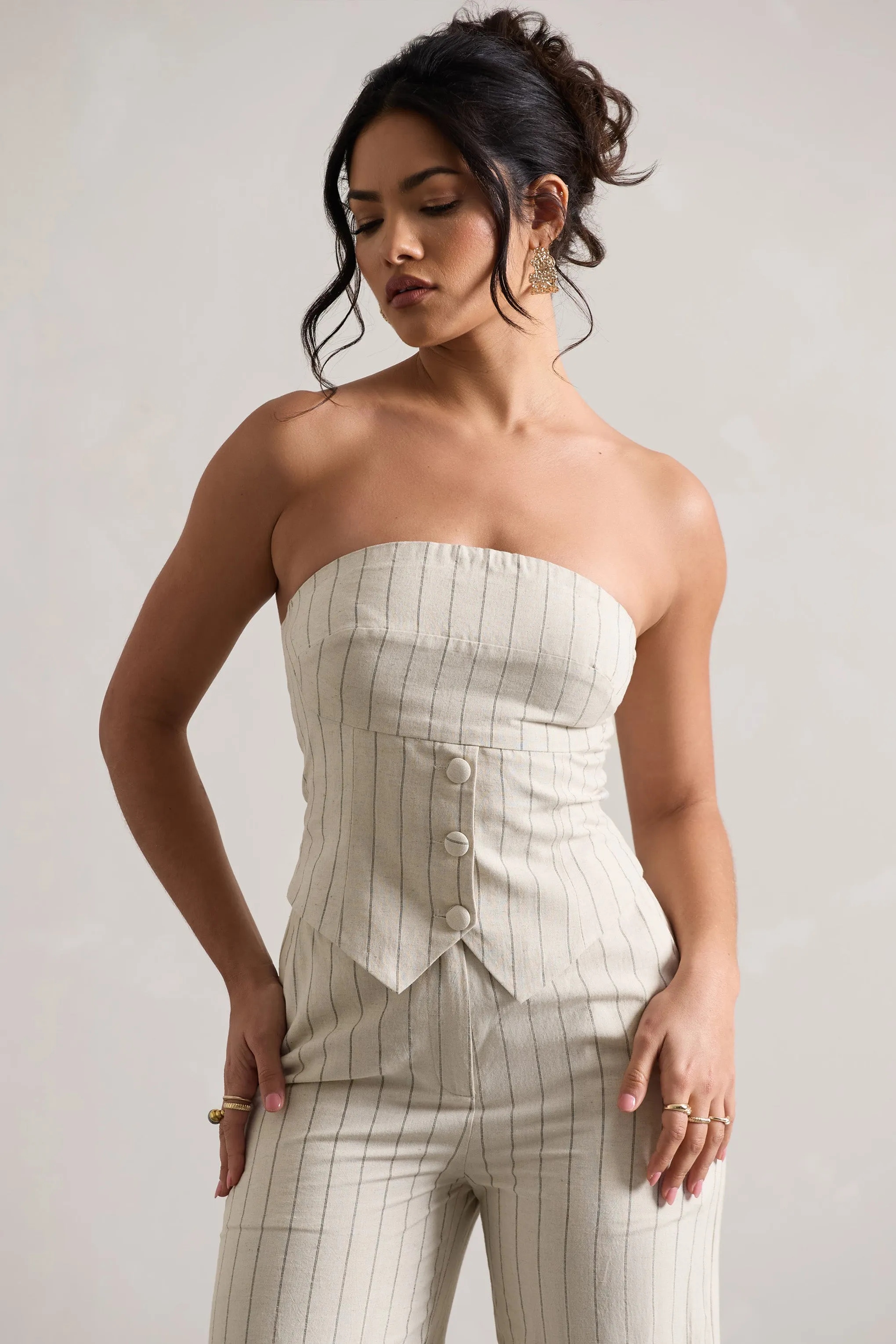 On Time | Beige Pinstripe Tailored Bandeau Top sold by Club L London product image thumbnail 4