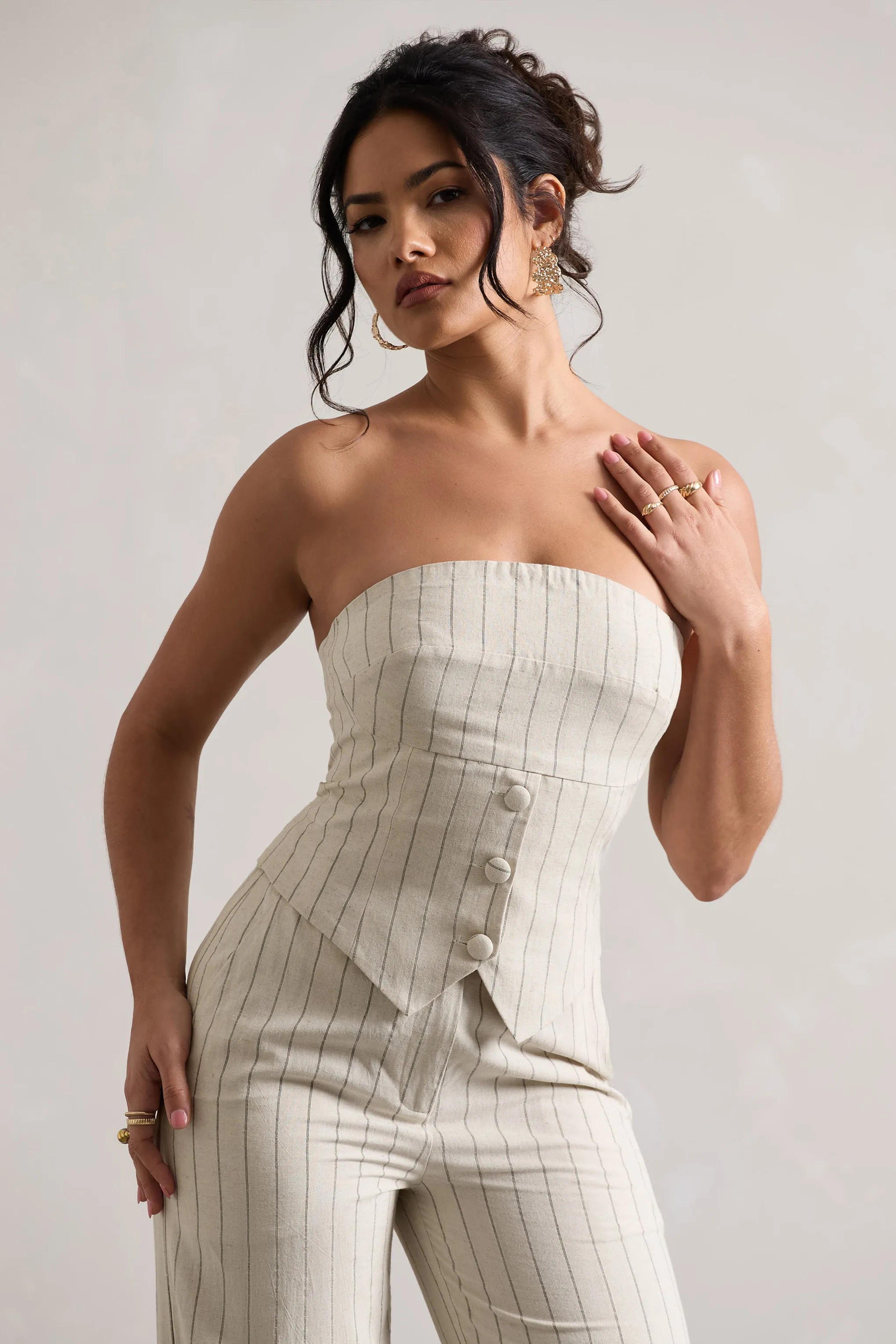 On Time | Beige Pinstripe Tailored Bandeau Top sold by Club L London product image thumbnail 2