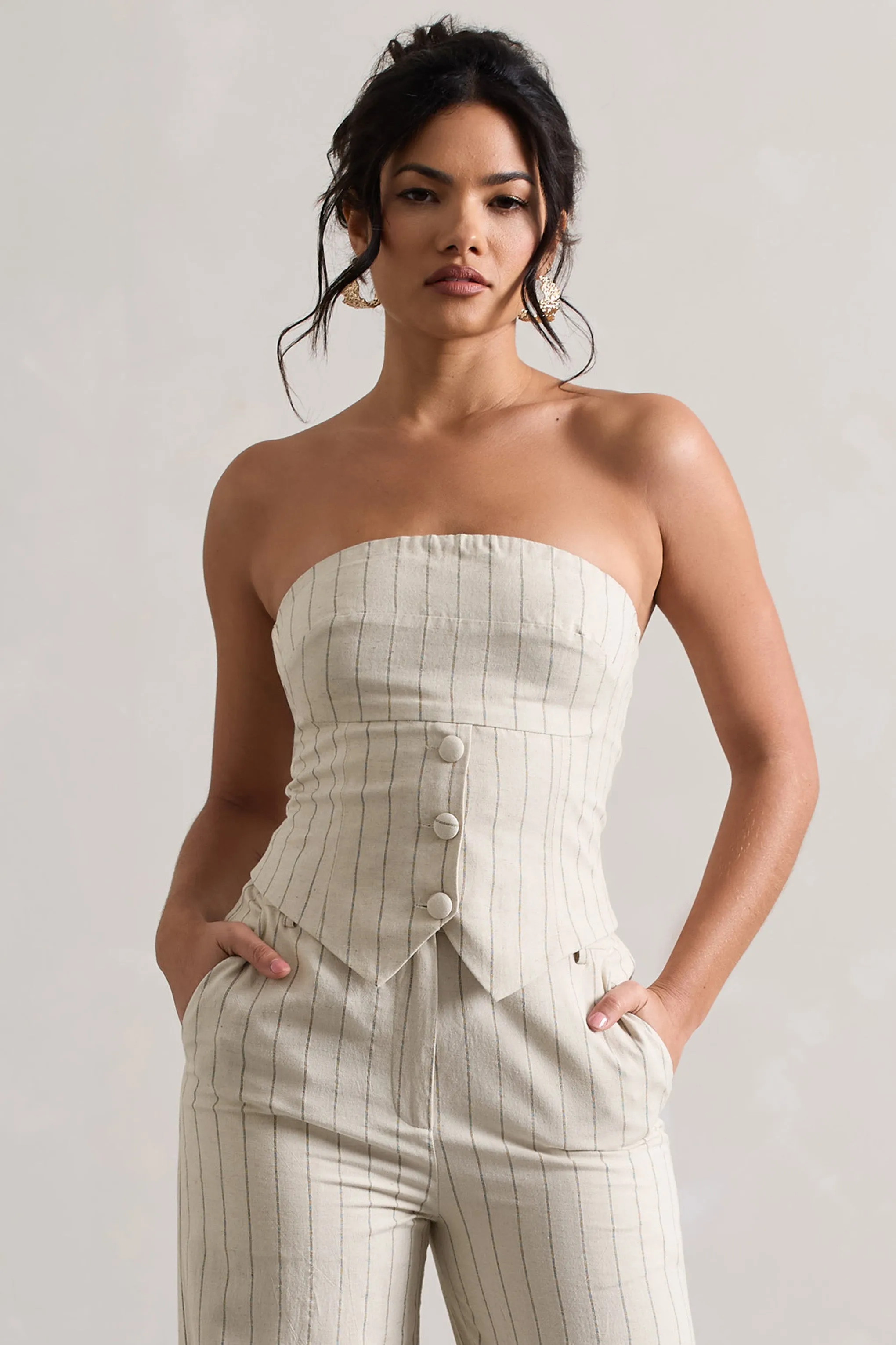 On Time | Beige Pinstripe Tailored Bandeau Top sold by Club L London product image thumbnail 5