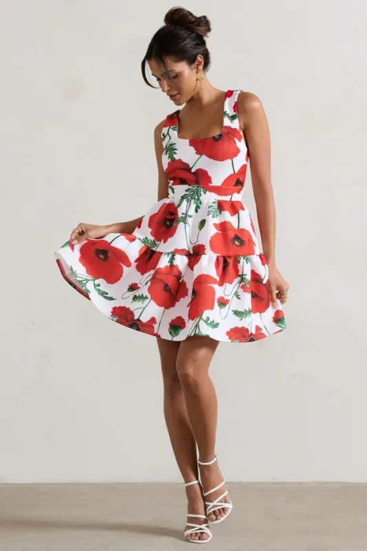 Alia | Poppy Print Scoop-Neck Tiered Volume Hem Mini Dress sold by Club L London
