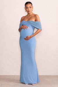 Asha | Powder Blue Draped Sleeve Bardot Maternity Maxi Dress sold by Club L London
