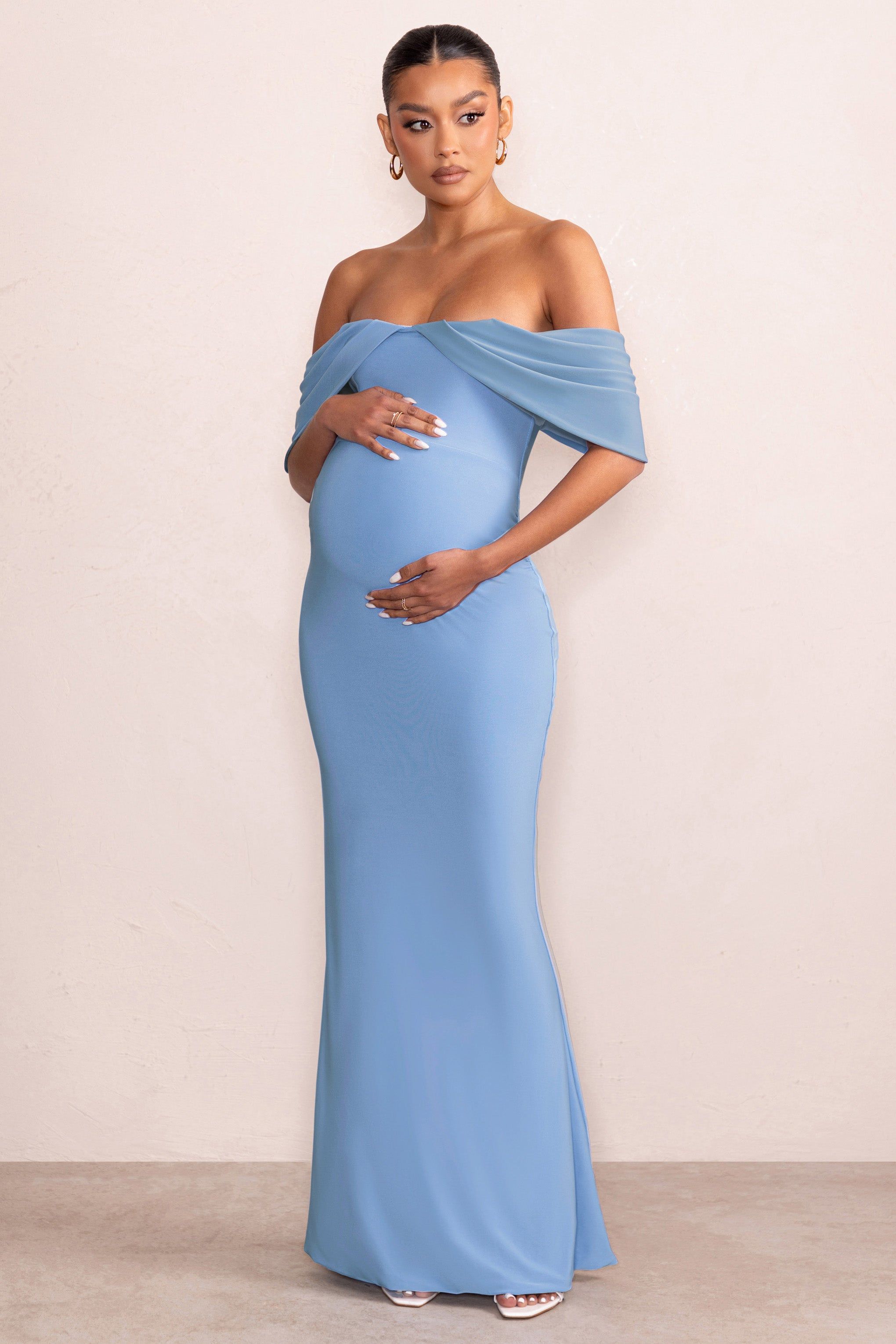 Asha | Powder Blue Draped Sleeve Bardot Maternity Maxi Dress sold by Club L London product image thumbnail 4