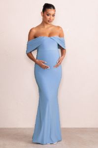 Asha | Powder Blue Draped Sleeve Bardot Maternity Maxi Dress sold by Club L London