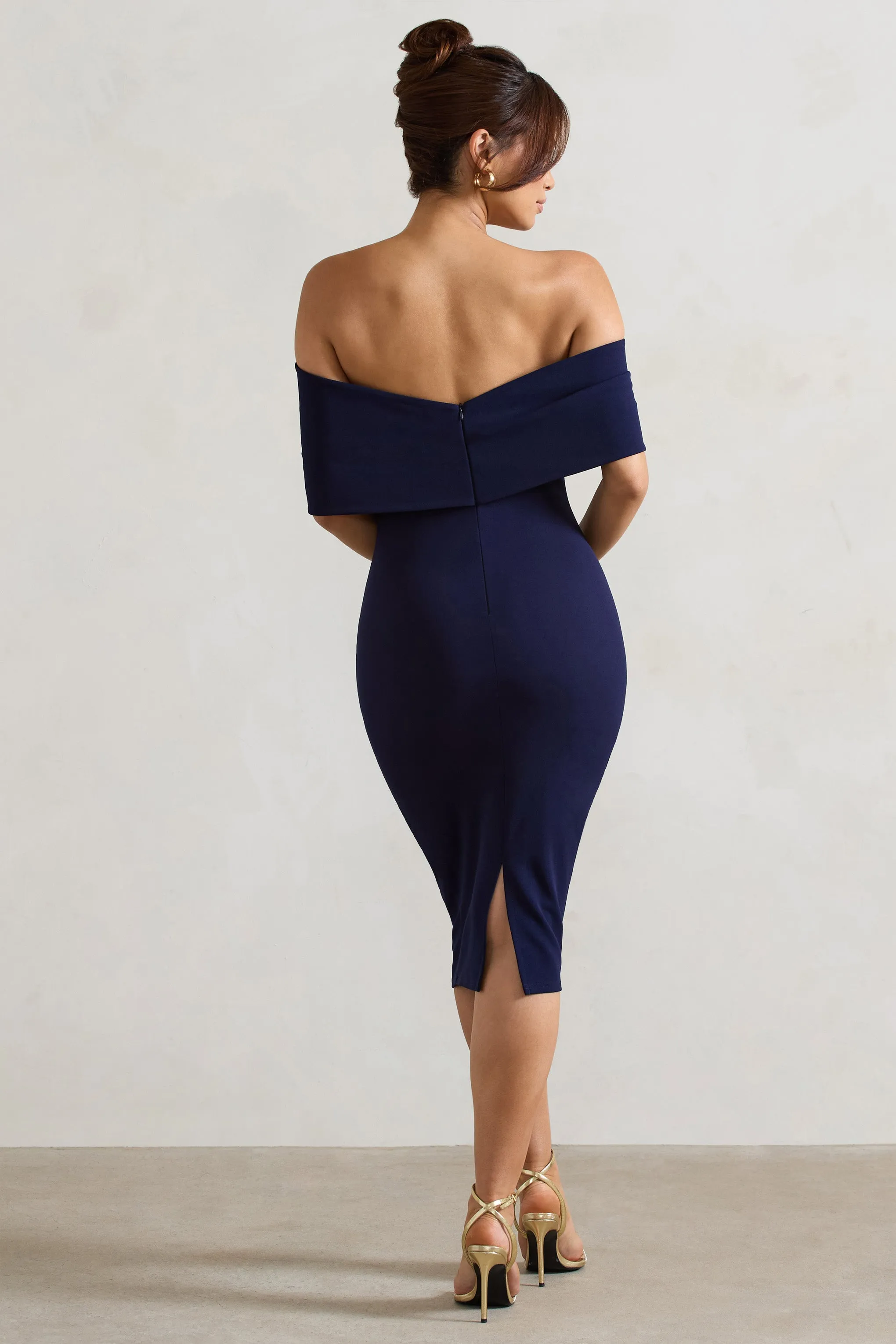 Alyssa | Navy Bardot Bow Detail Midi Dress sold by Club L London product image thumbnail 2