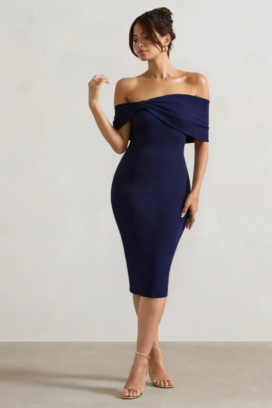 Alyssa | Navy Bardot Bow Detail Midi Dress sold by Club L London