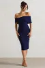 Alyssa | Navy Bardot Bow Detail Midi Dress sold by Club L London