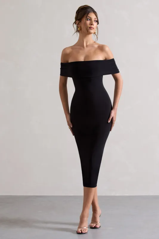 Averie | Black Bodycon Bardot Midi Dress sold by Club L London