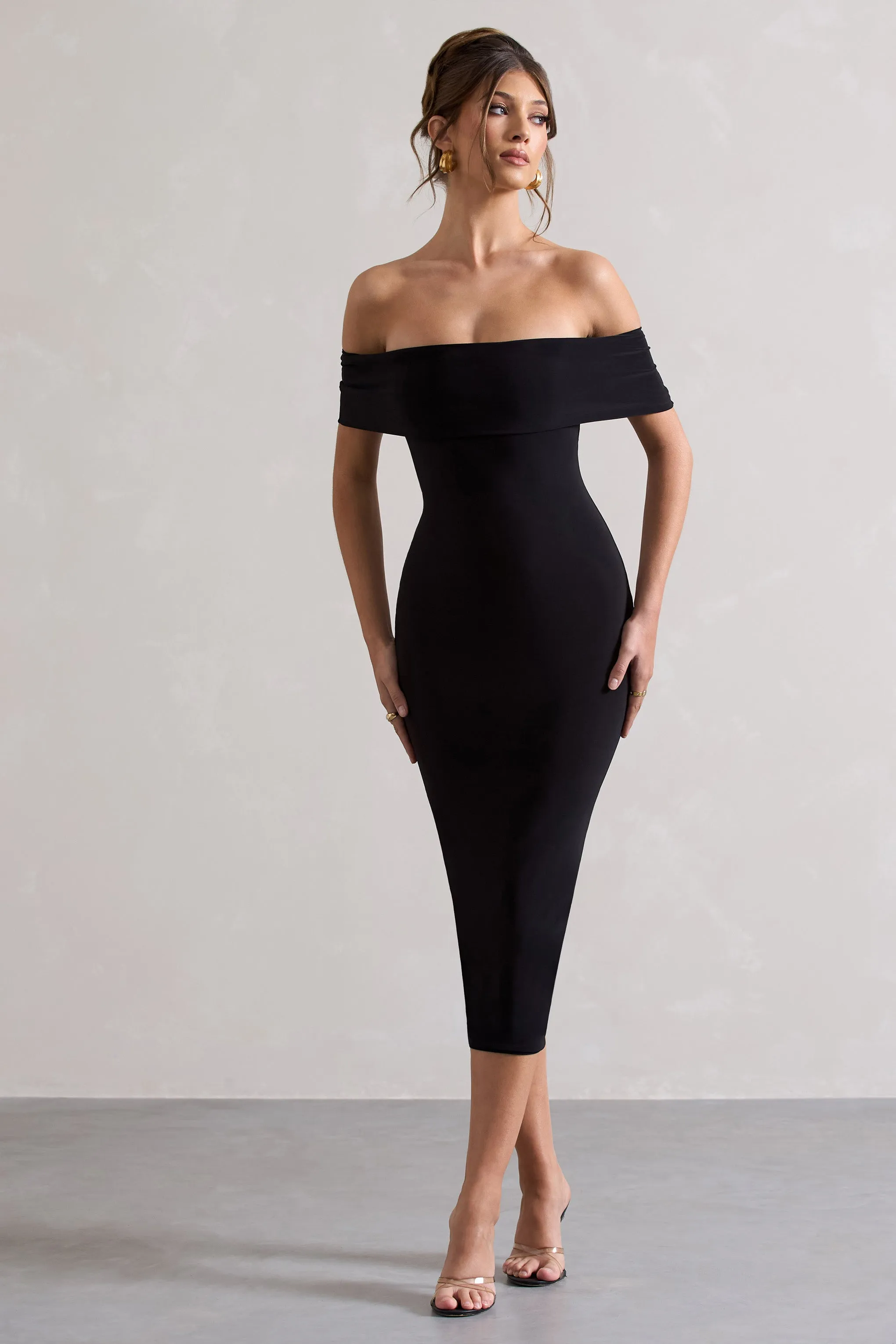 Averie | Black Bodycon Bardot Midi Dress sold by Club L London