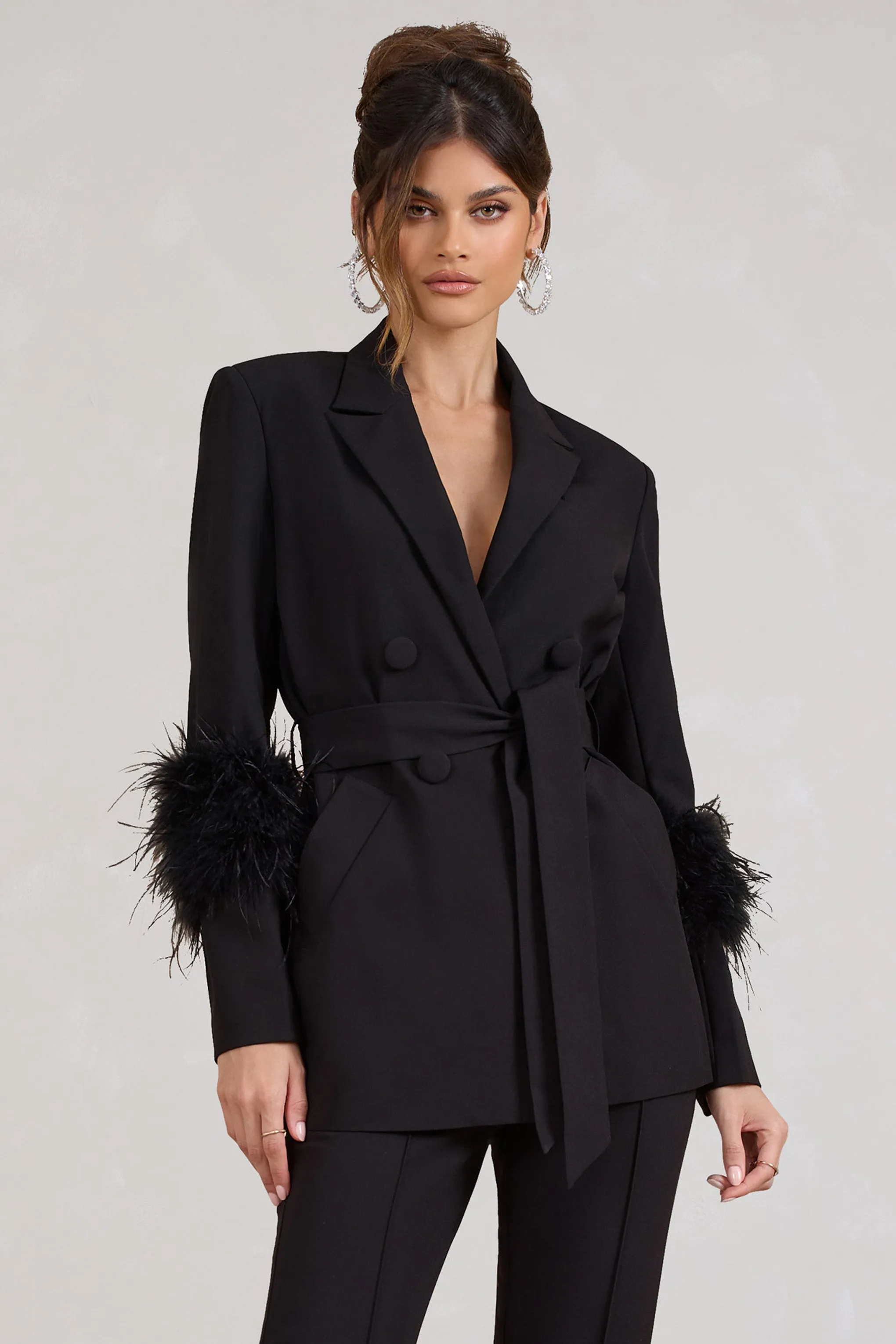 Just Like That | Black Belted Blazer With Feather Detail sold by Club L London product image thumbnail 4