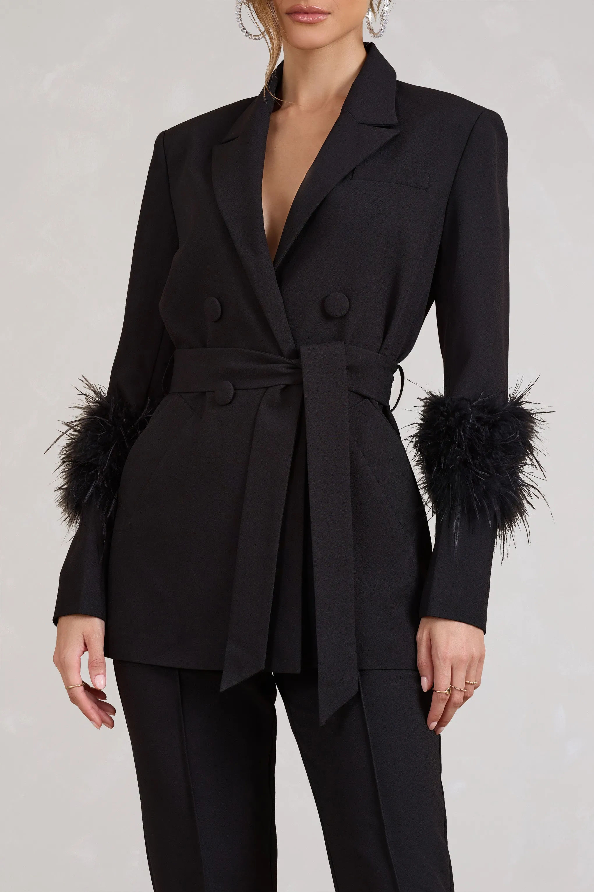 Just Like That | Black Belted Blazer With Feather Detail sold by Club L London product image thumbnail 3