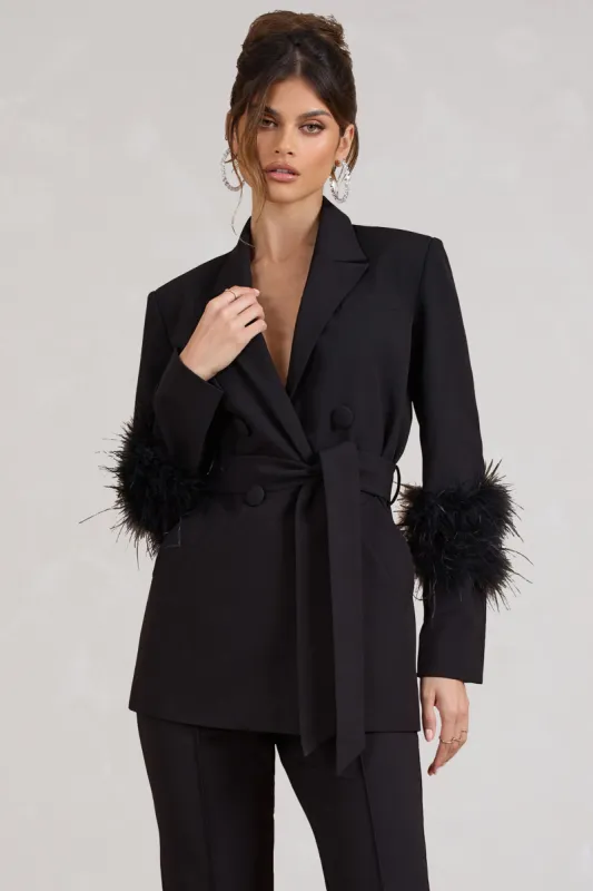 Just Like That | Black Belted Blazer With Feather Detail sold by Club L London