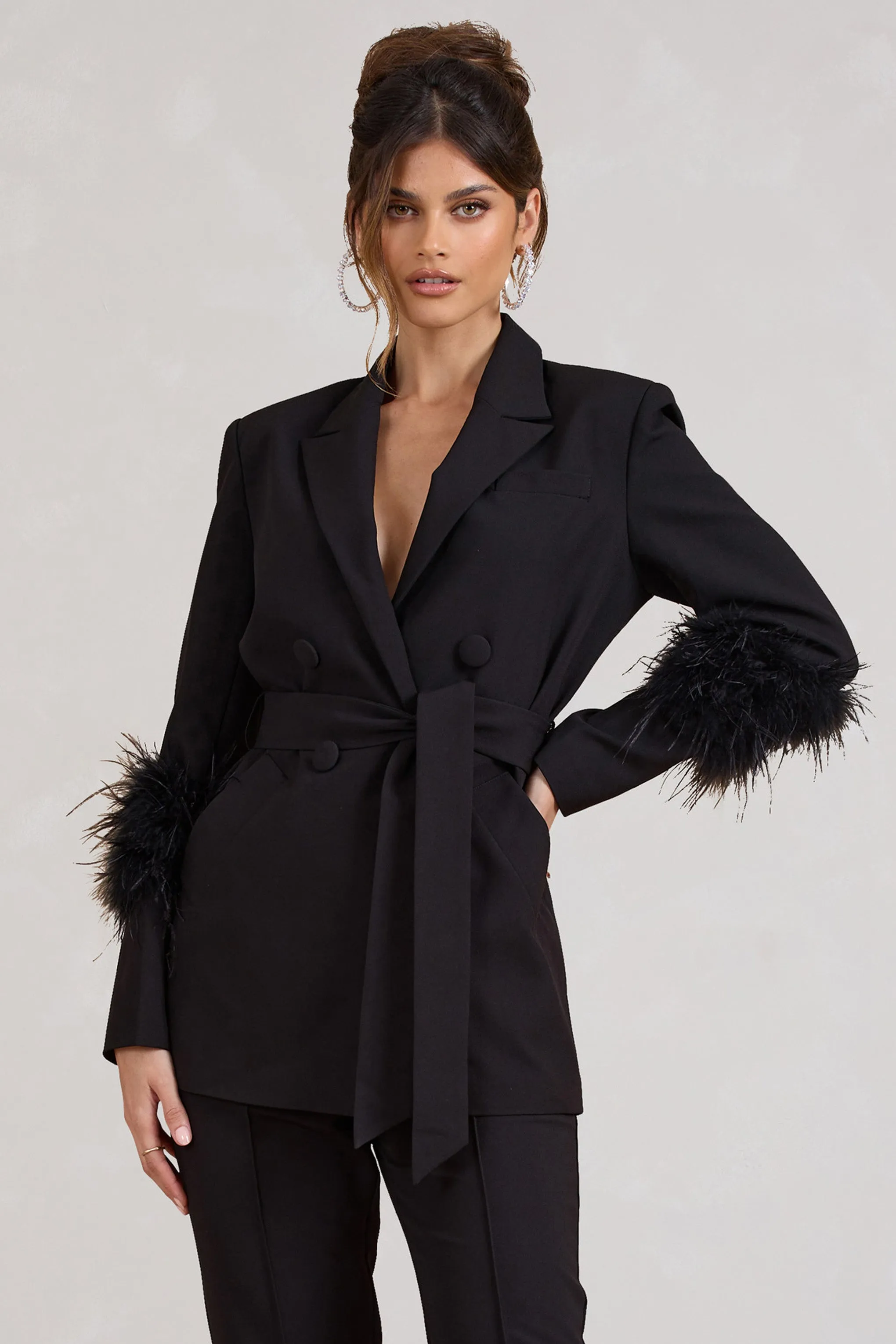 Just Like That | Black Belted Blazer With Feather Detail sold by Club L London product image thumbnail 5