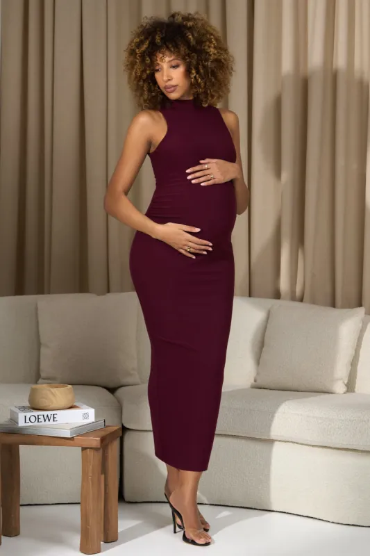 Anika | Burgundy High-Neck Sleeveless Split Maternity Maxi Dress sold by Club L London