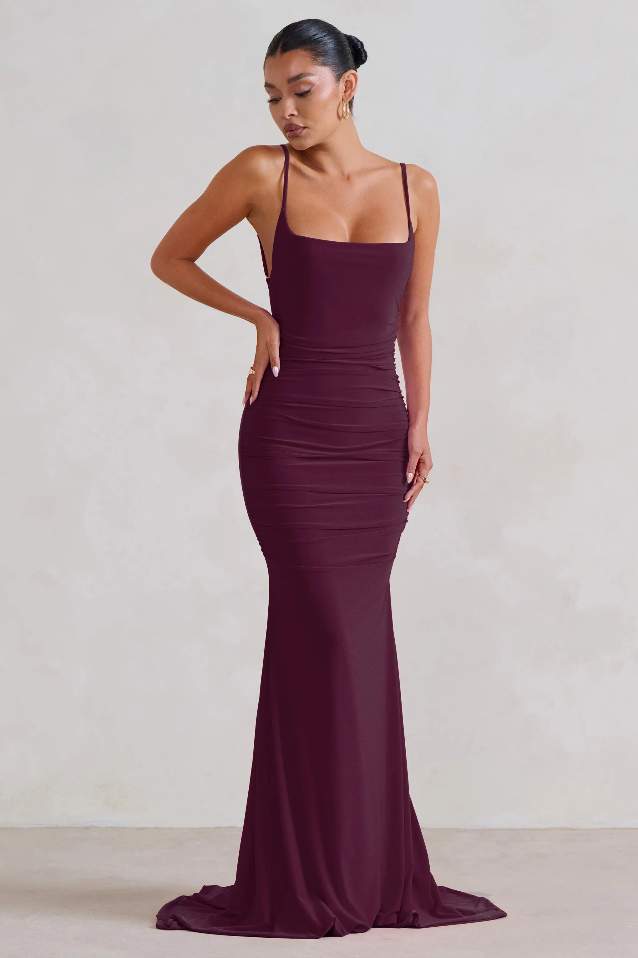Adele | Plum Backless Ruched Fishtail Cami Maxi Dress sold by Club L London product image thumbnail 2