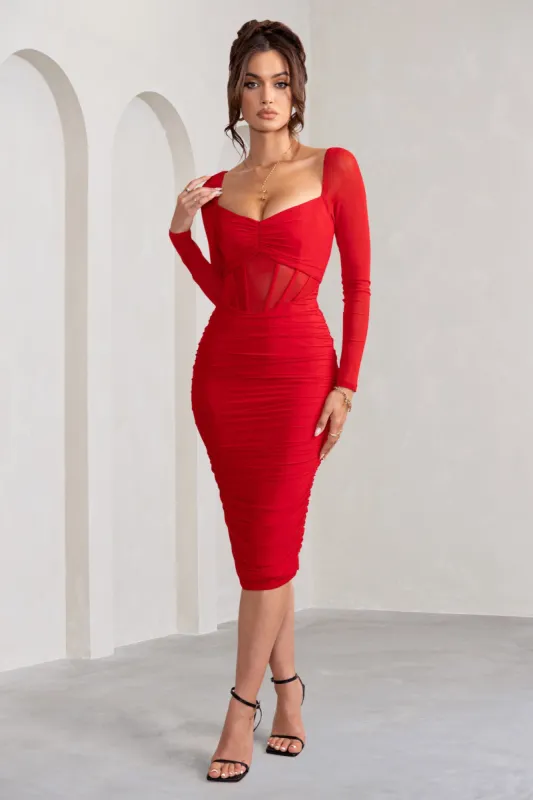 Abiba | Red Ruched Front Corset Midi Dress With Long Sleeves sold by Club L London
