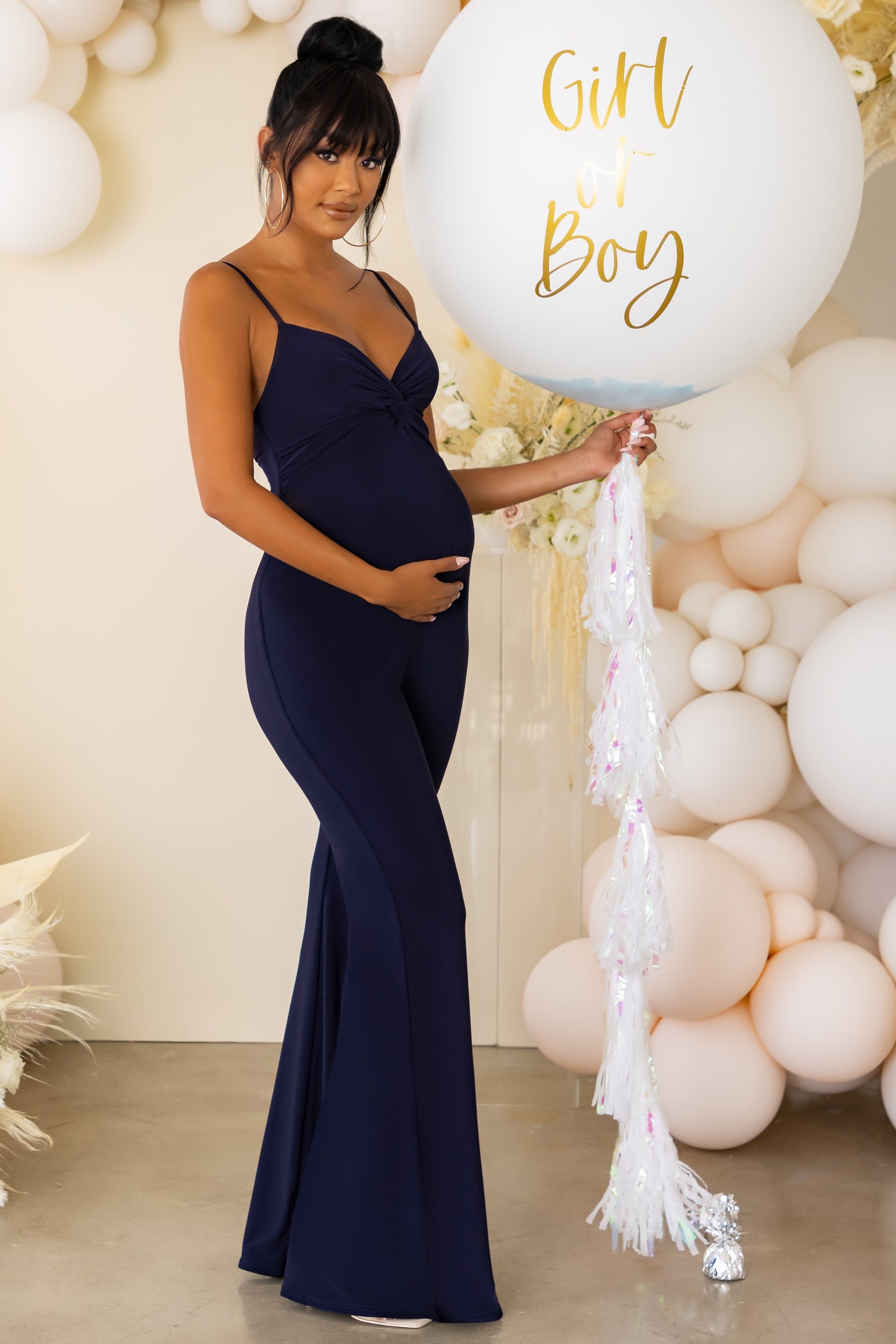 Mama Sass | Navy Maternity Twist Front Cami Jumpsuit sold by Club L London