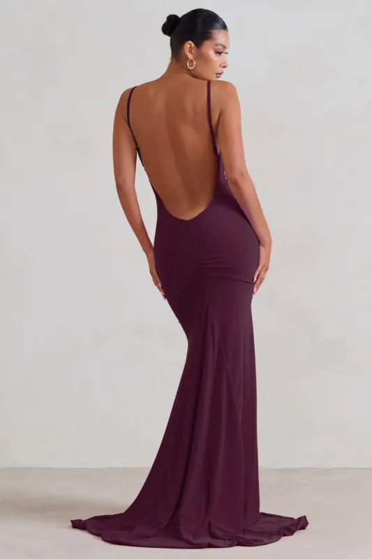 Adele | Plum Backless Ruched Fishtail Cami Maxi Dress sold by Club L London