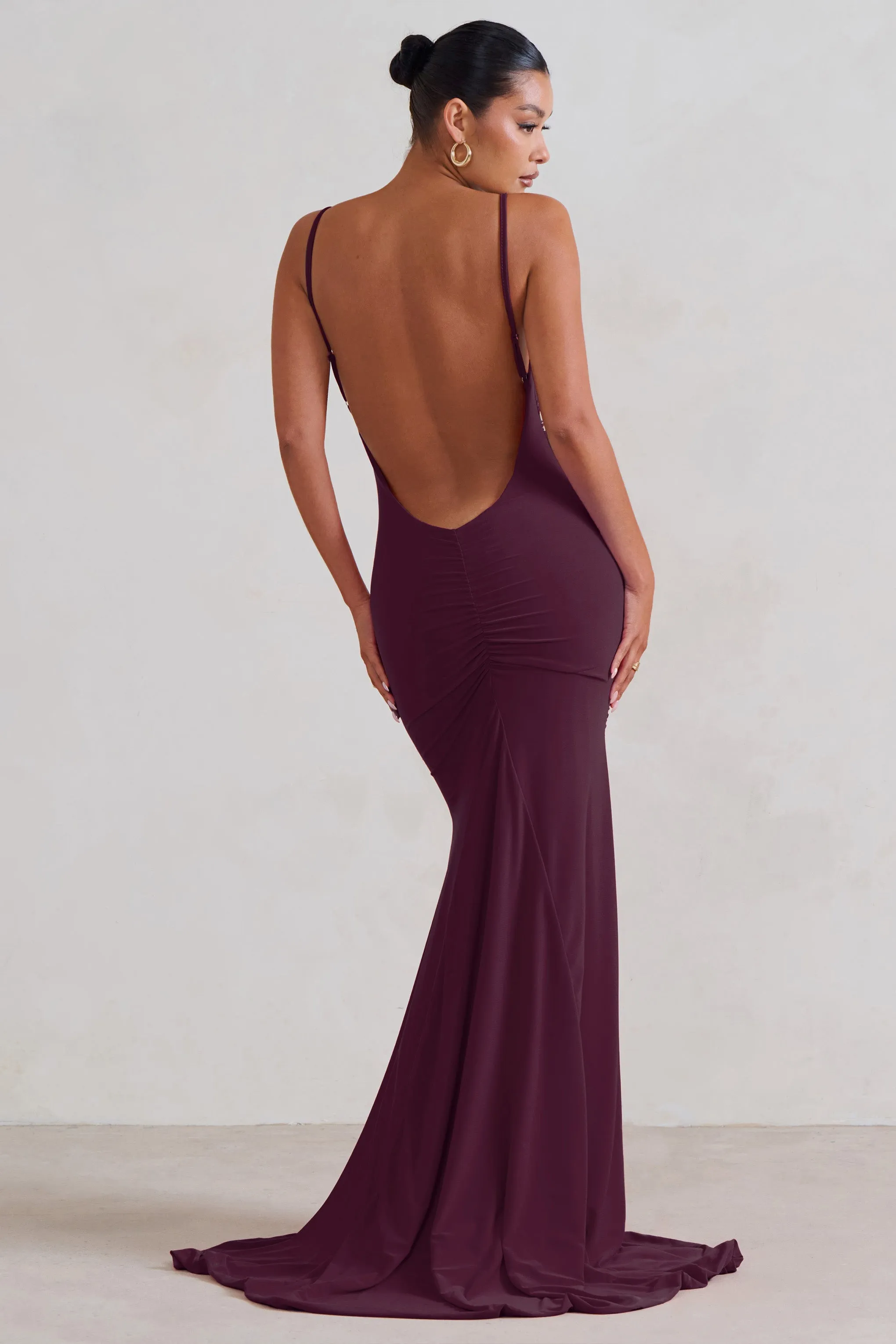 Adele | Plum Backless Ruched Fishtail Cami Maxi Dress sold by Club L London