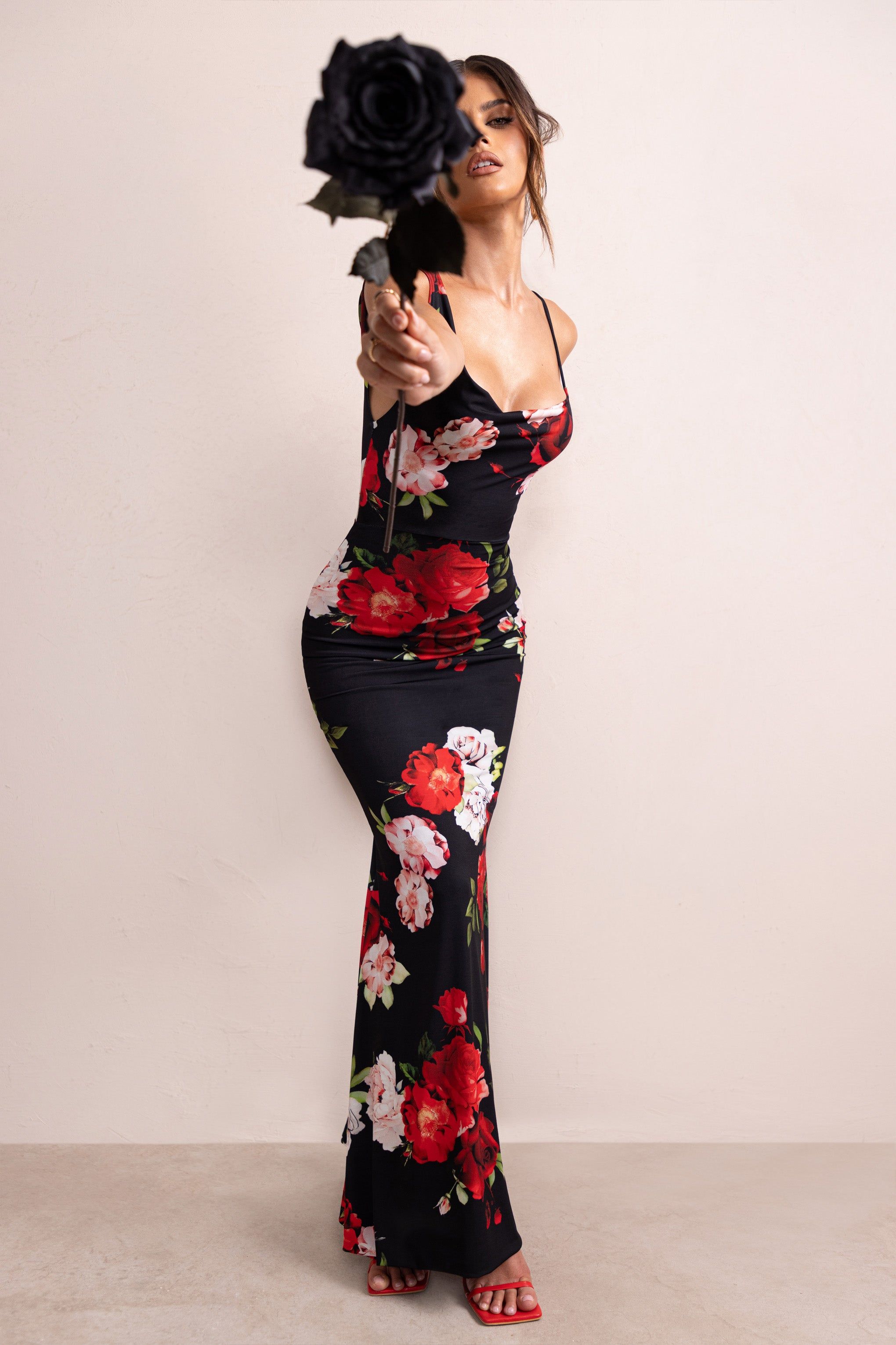 Phantasy | Black Floral Print Asymmetric Neckline Cowl Maxi Dress sold by Club L London product image thumbnail 6