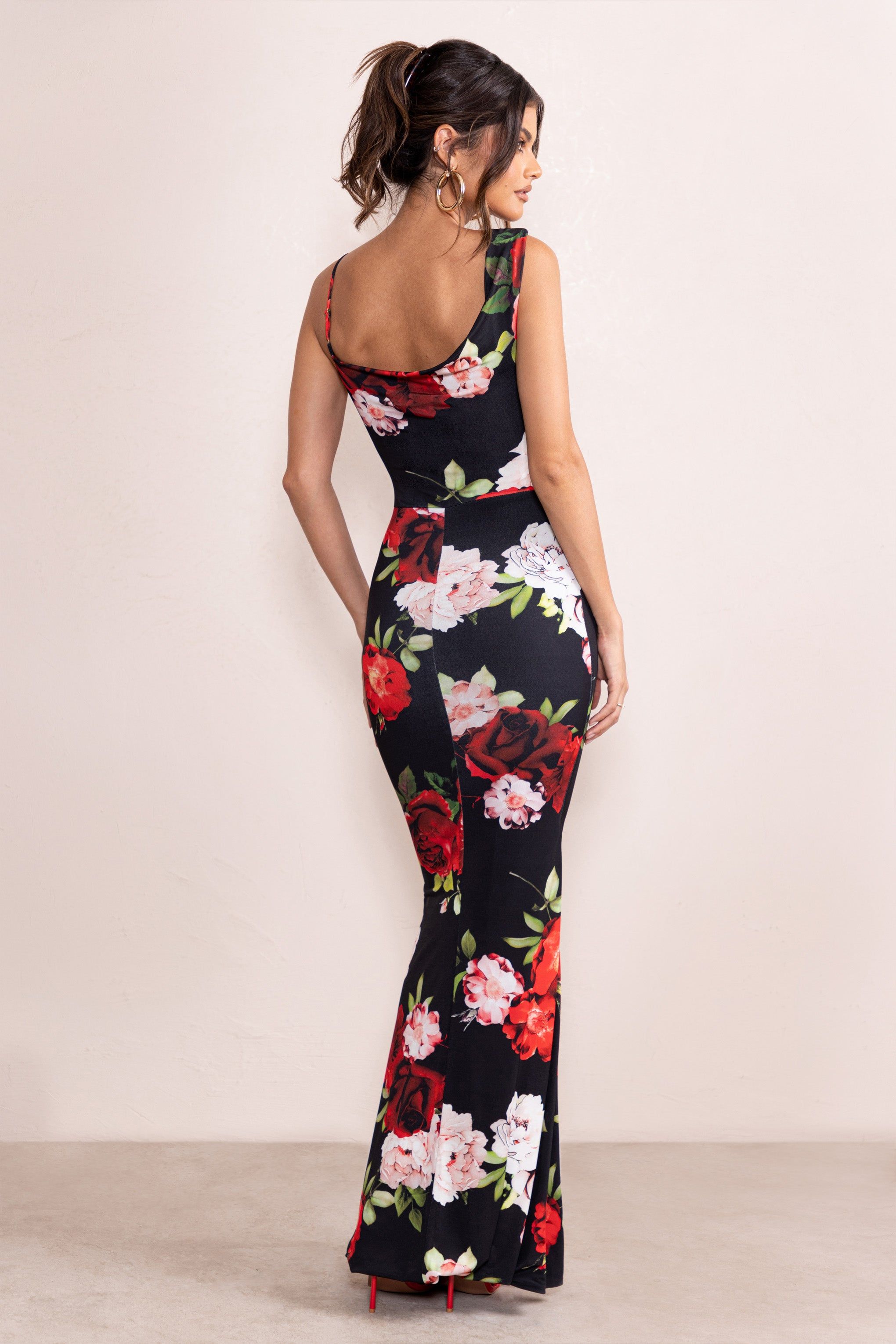 Phantasy | Black Floral Print Asymmetric Neckline Cowl Maxi Dress sold by Club L London product image thumbnail 2