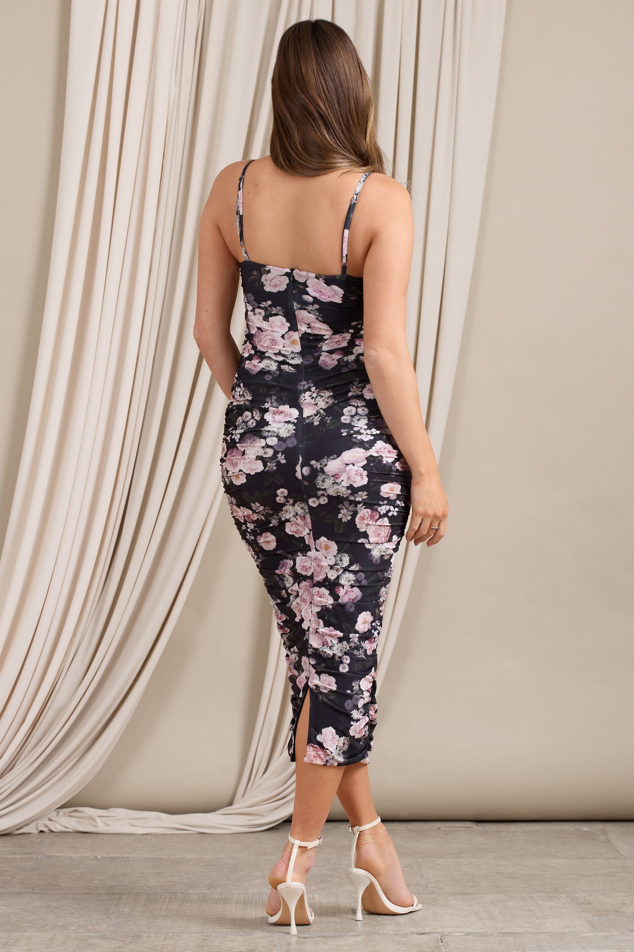 Desired | Black Floral Maternity Cami Midi Dress with Twist Plunge sold by Club L London product image thumbnail 2