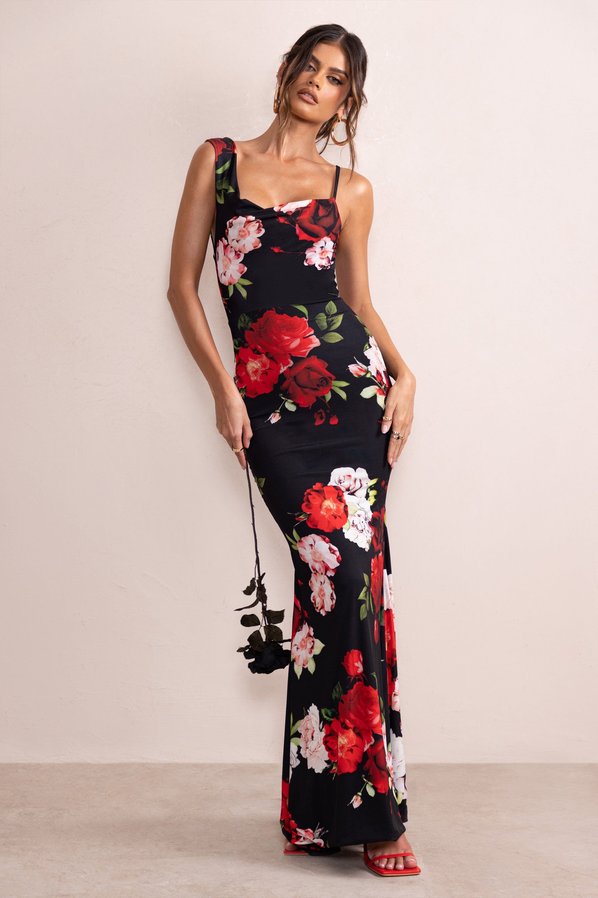 Phantasy | Black Floral Print Asymmetric Neckline Cowl Maxi Dress sold by Club L London product image thumbnail 5