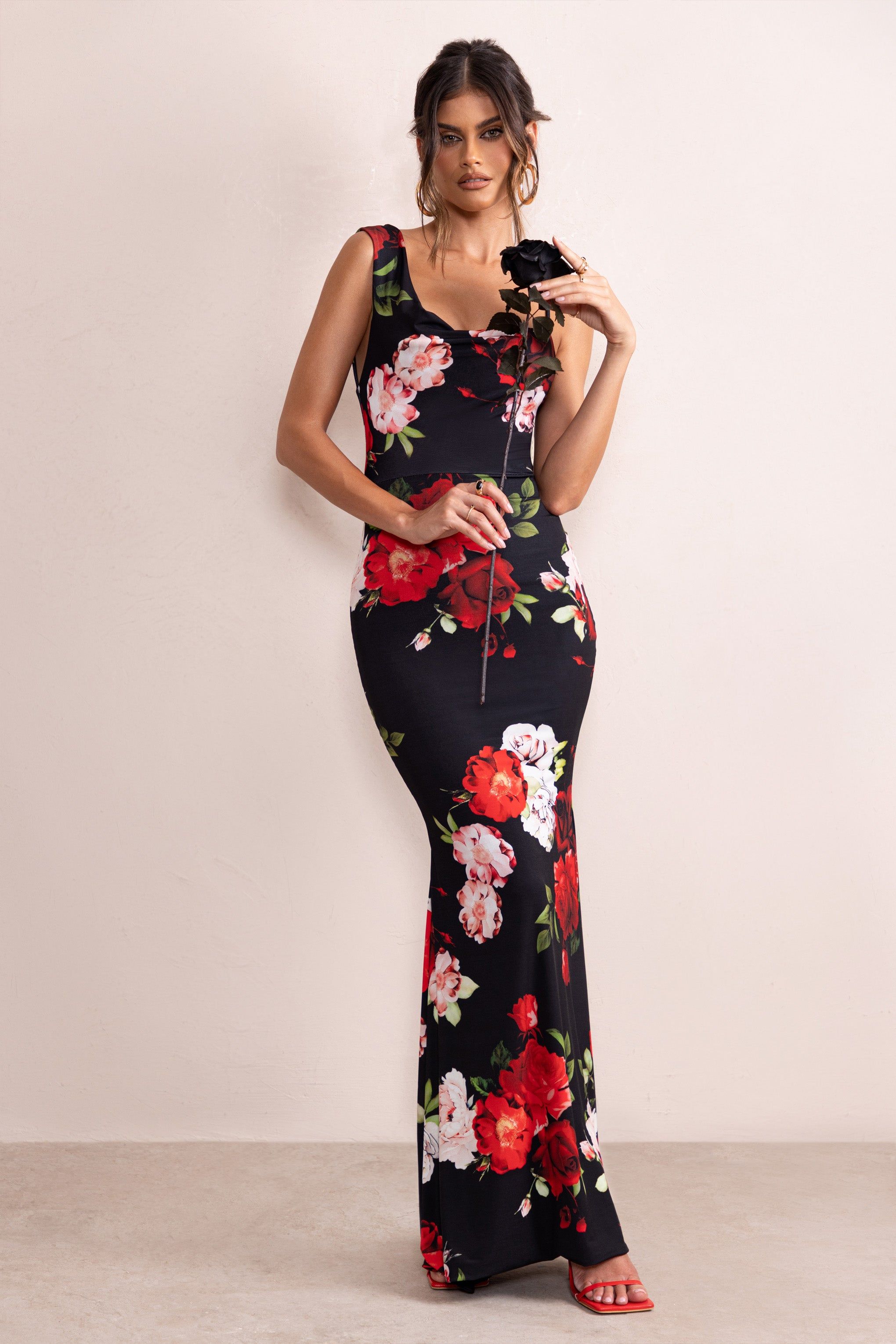 Phantasy | Black Floral Print Asymmetric Neckline Cowl Maxi Dress sold by Club L London product image thumbnail 3