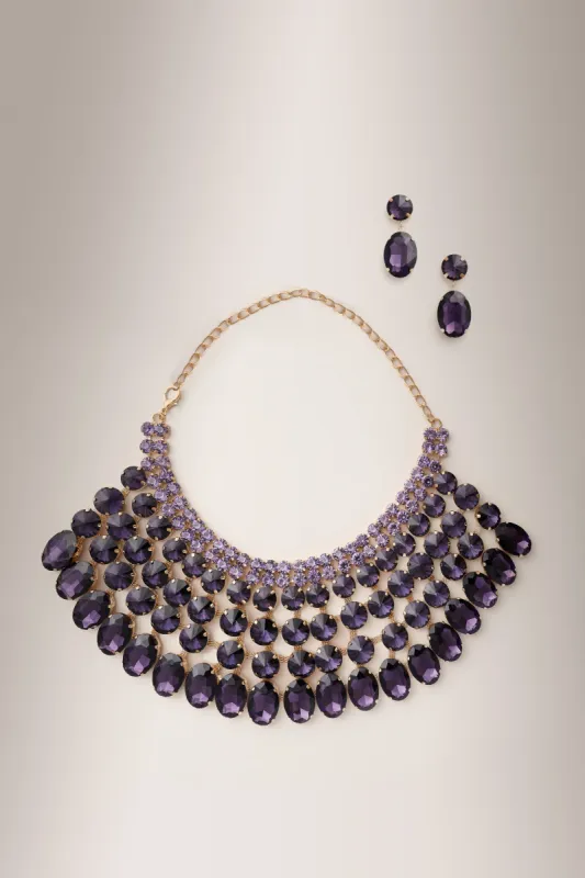 Blake | Purple Jewelled Statement Necklace with Matching Drop Earrings made by Club L London