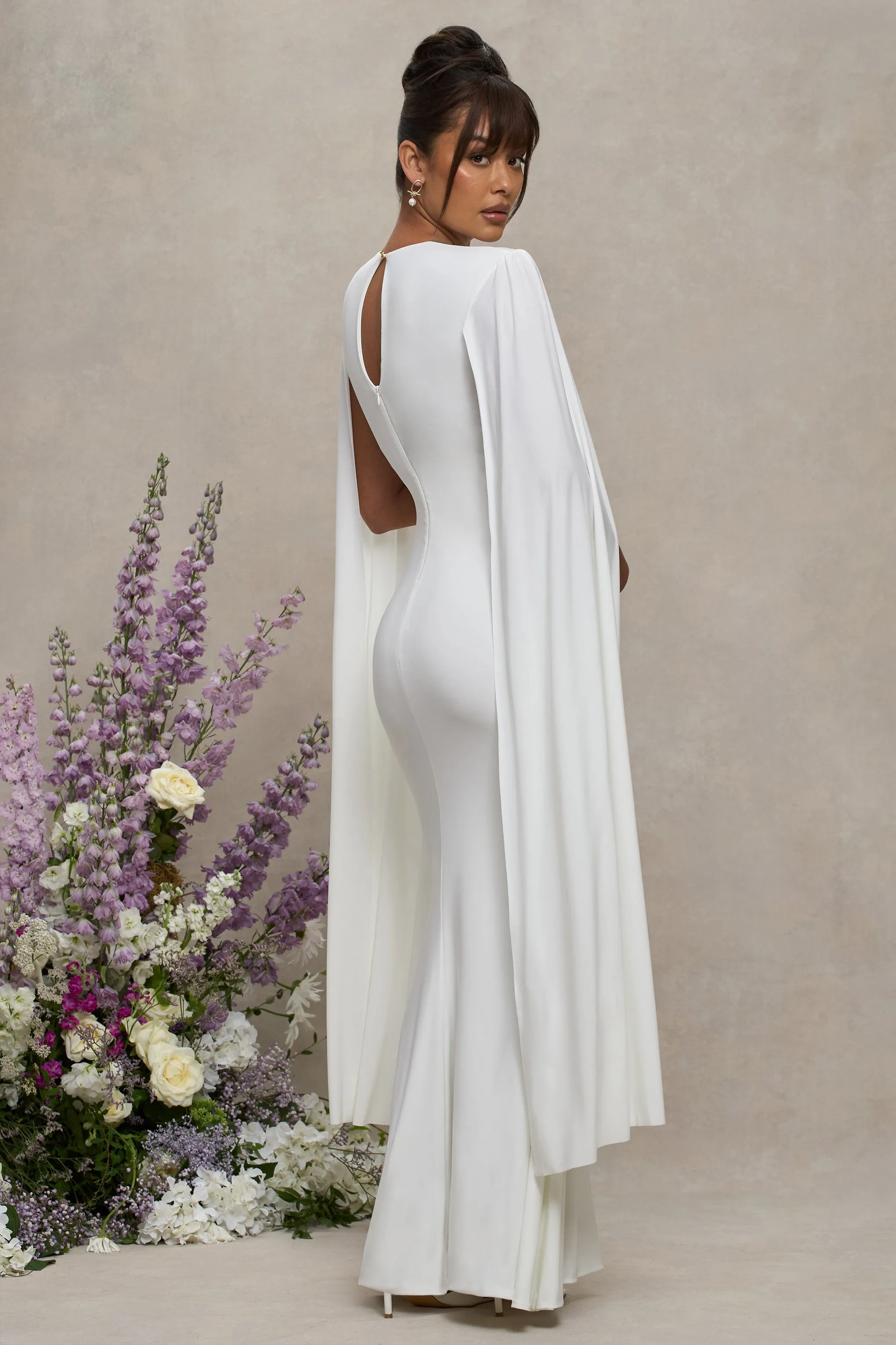 Divine Timing | White Maternity Maxi Dress With Cape Sleeves sold by Club L London product image thumbnail 2