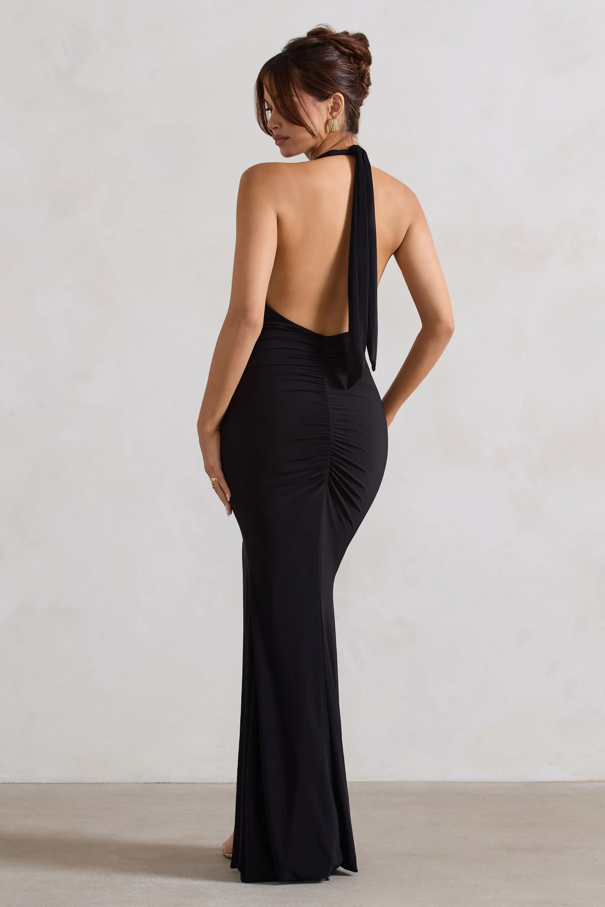 Glamour | Black Backless V Plunge Halter Neck Maxi Dress With Side Split sold by Club L London product image thumbnail 2