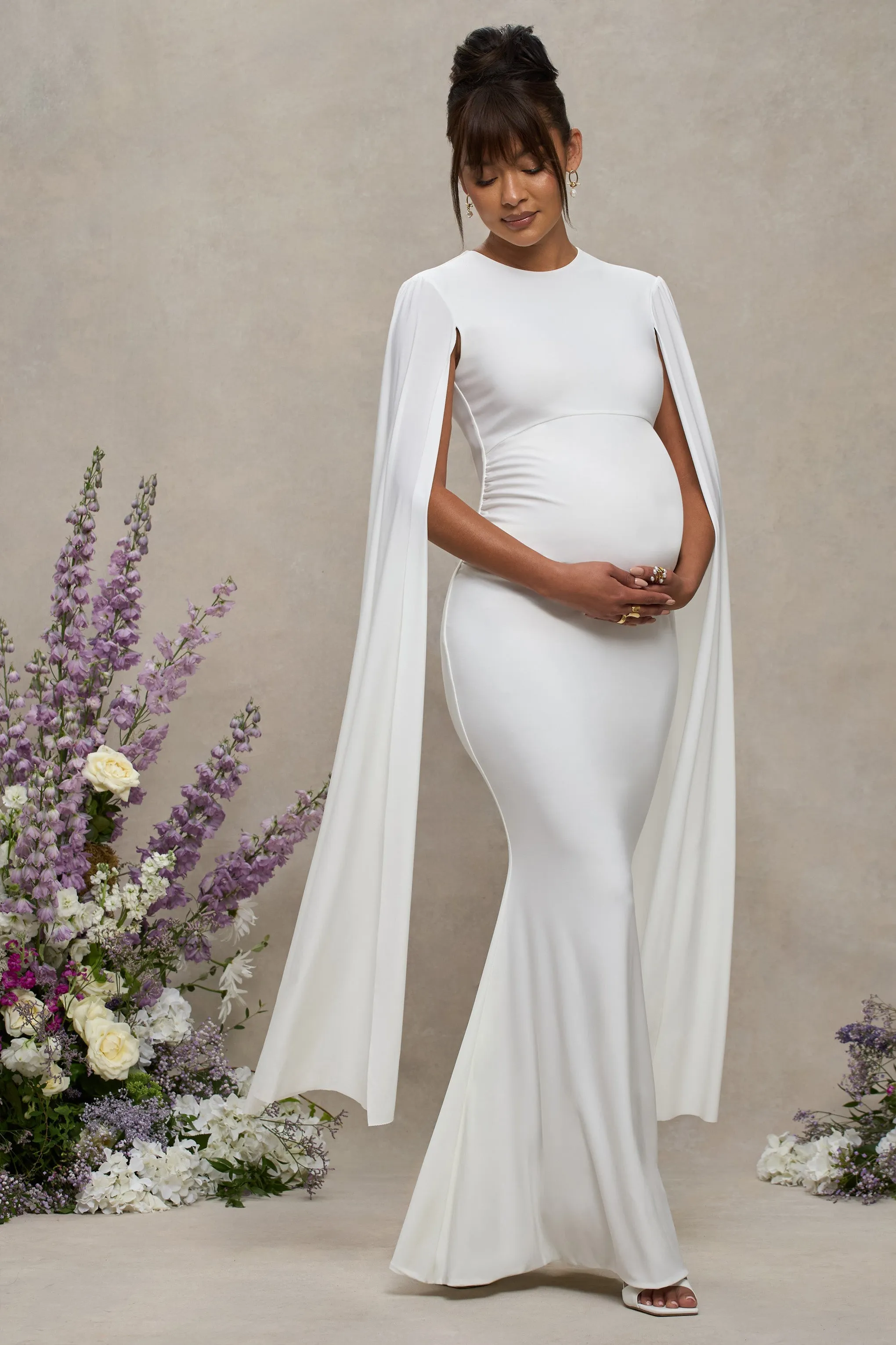 Divine Timing | White Maternity Maxi Dress With Cape Sleeves sold by Club L London product image thumbnail 5