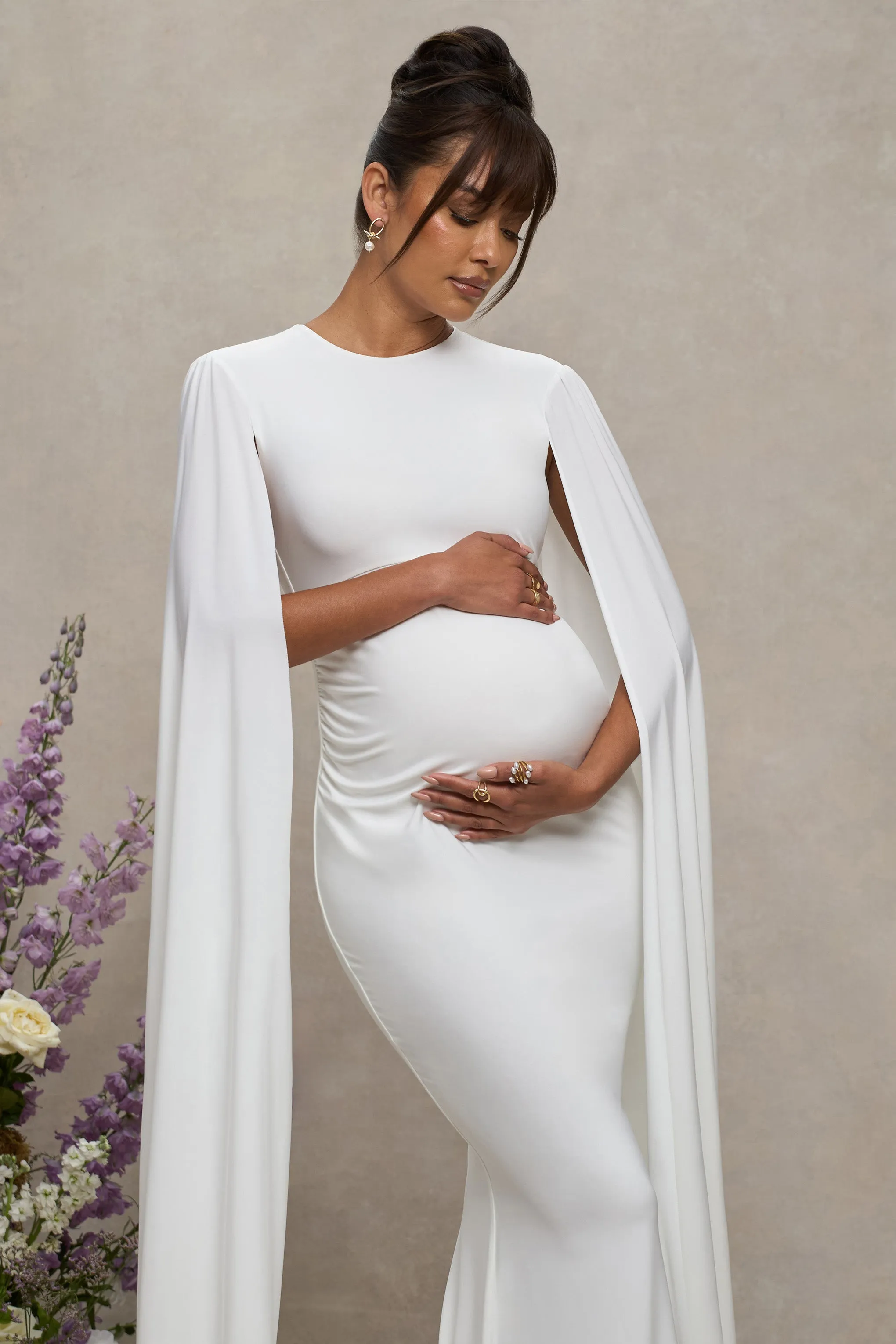 Divine Timing | White Maternity Maxi Dress With Cape Sleeves sold by Club L London product image thumbnail 3