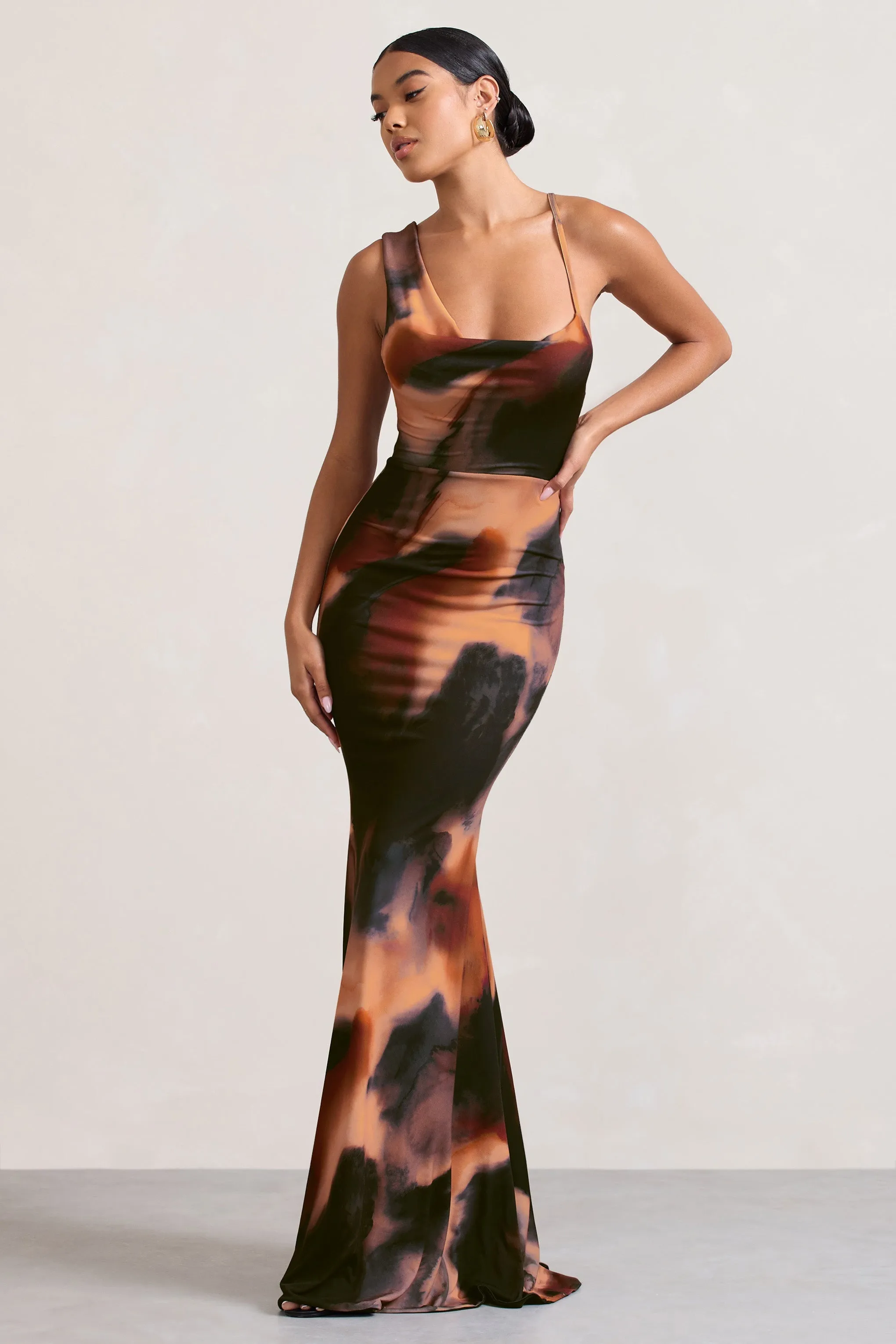 Phantasy | Orange Smoke Print Asymmetric Neckline Cowl Maxi Dress sold by Club L London product image thumbnail 5