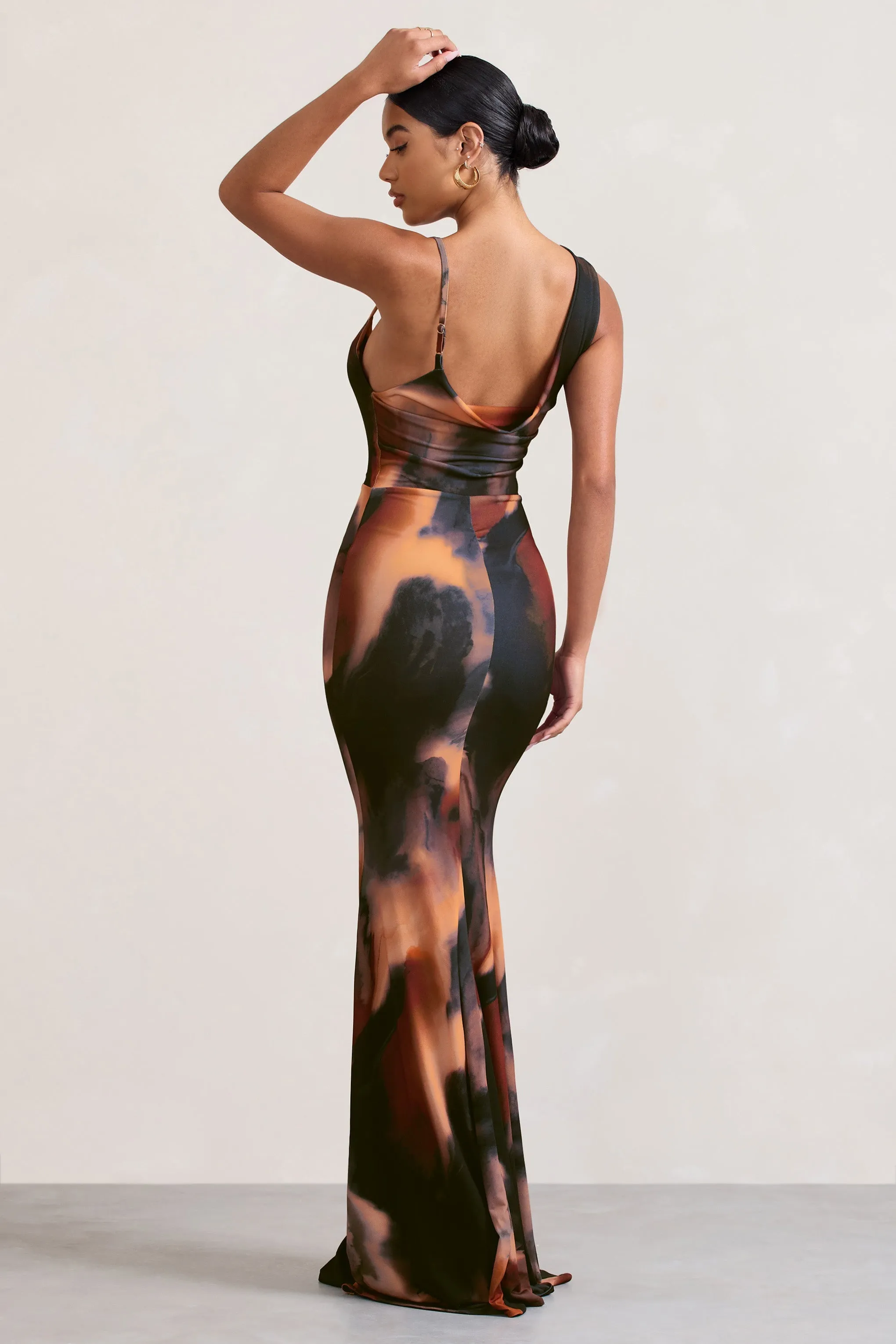 Phantasy | Orange Smoke Print Asymmetric Neckline Cowl Maxi Dress sold by Club L London product image thumbnail 3