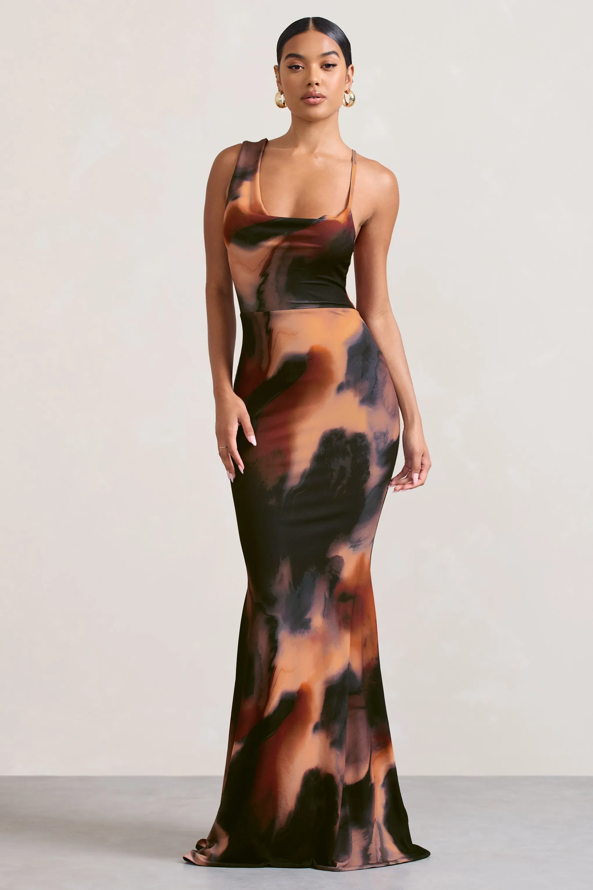 Phantasy | Orange Smoke Print Asymmetric Neckline Cowl Maxi Dress sold by Club L London product image thumbnail 2