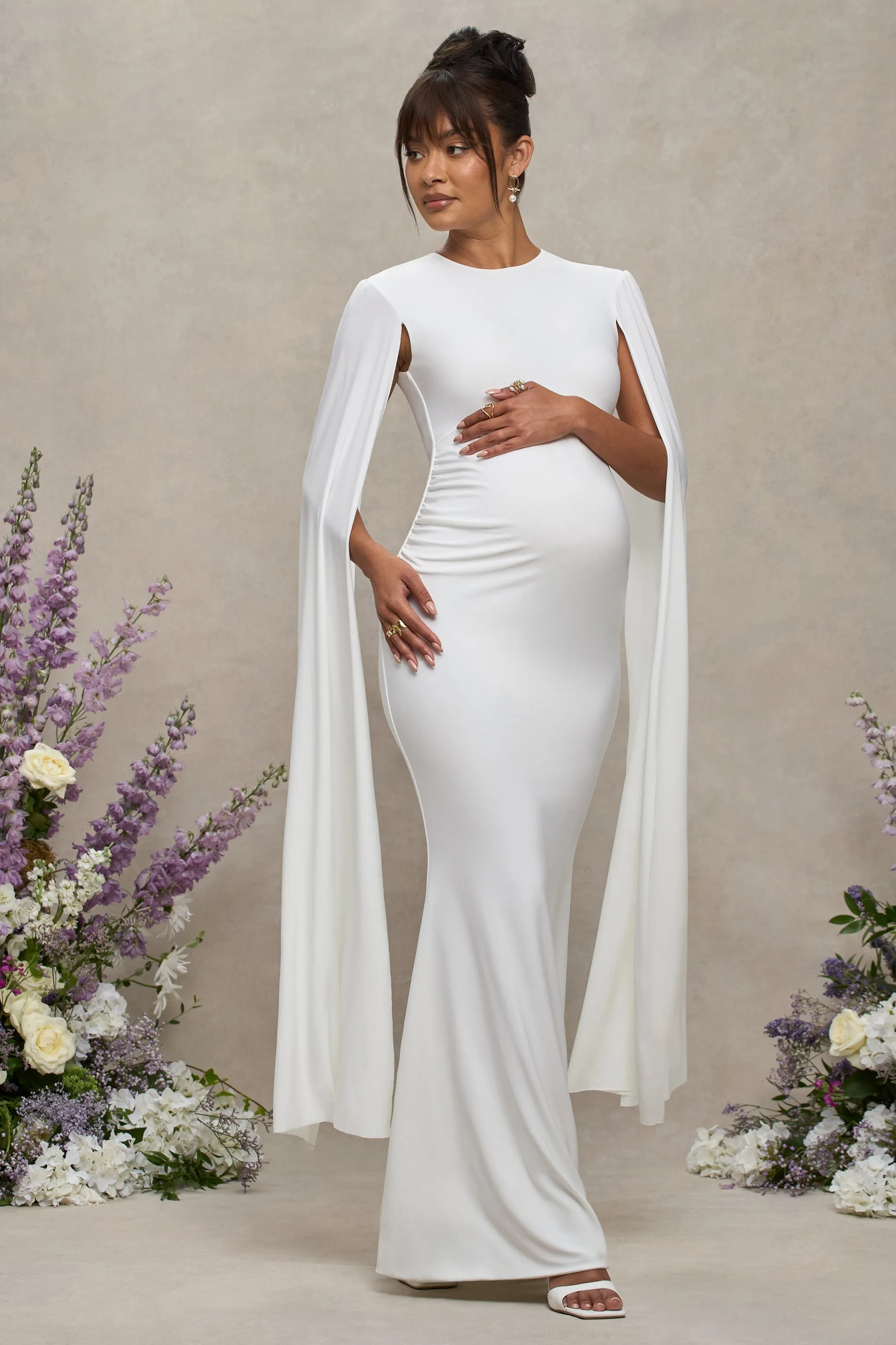 Divine Timing | White Maternity Maxi Dress With Cape Sleeves sold by Club L London product image thumbnail 4