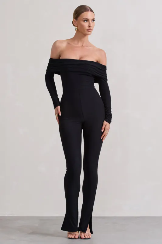 Destined | Black Bardot Slim-Leg Jumpsuit sold by Club L London